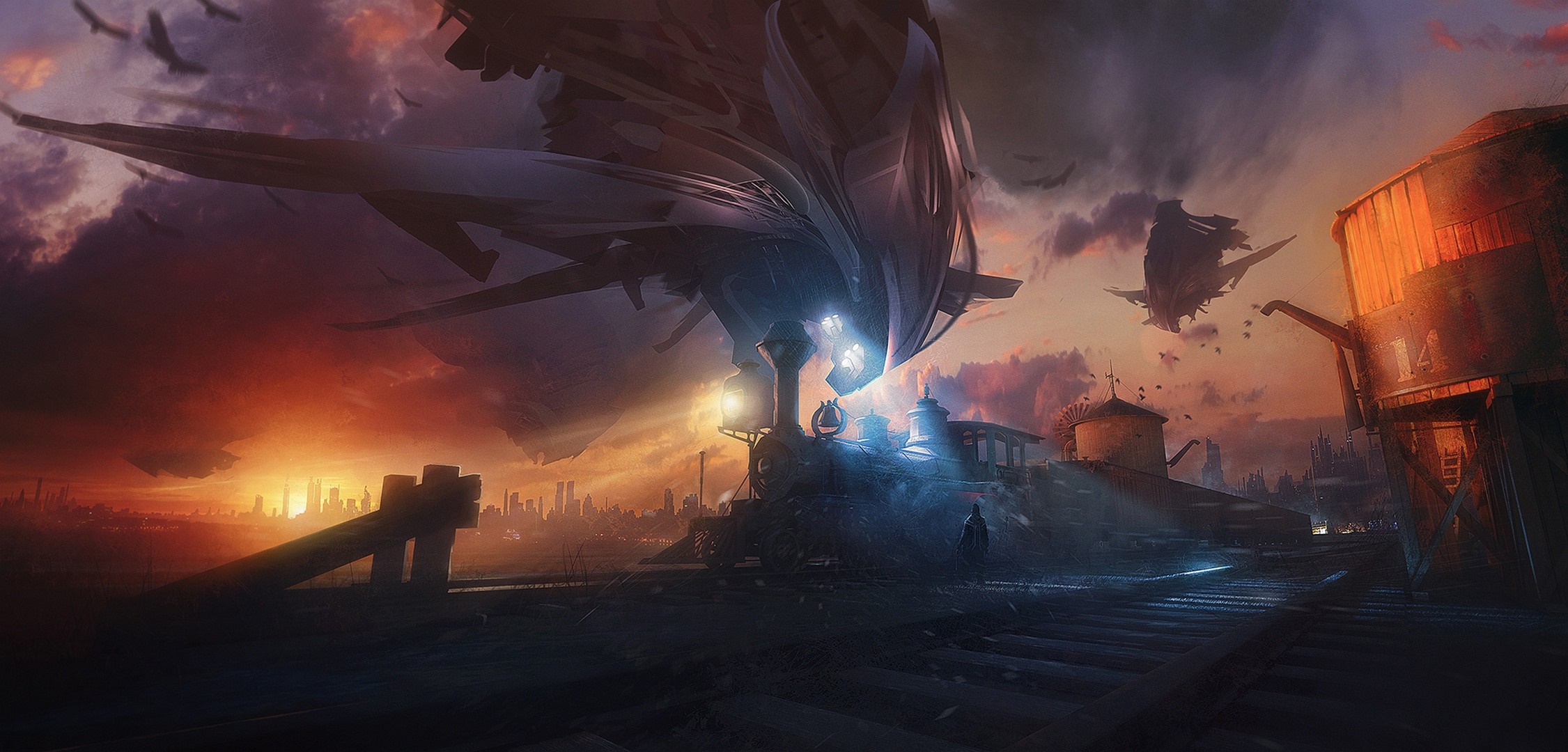Science fiction artwork with alien ships over a city at sunset HD Wallpaper