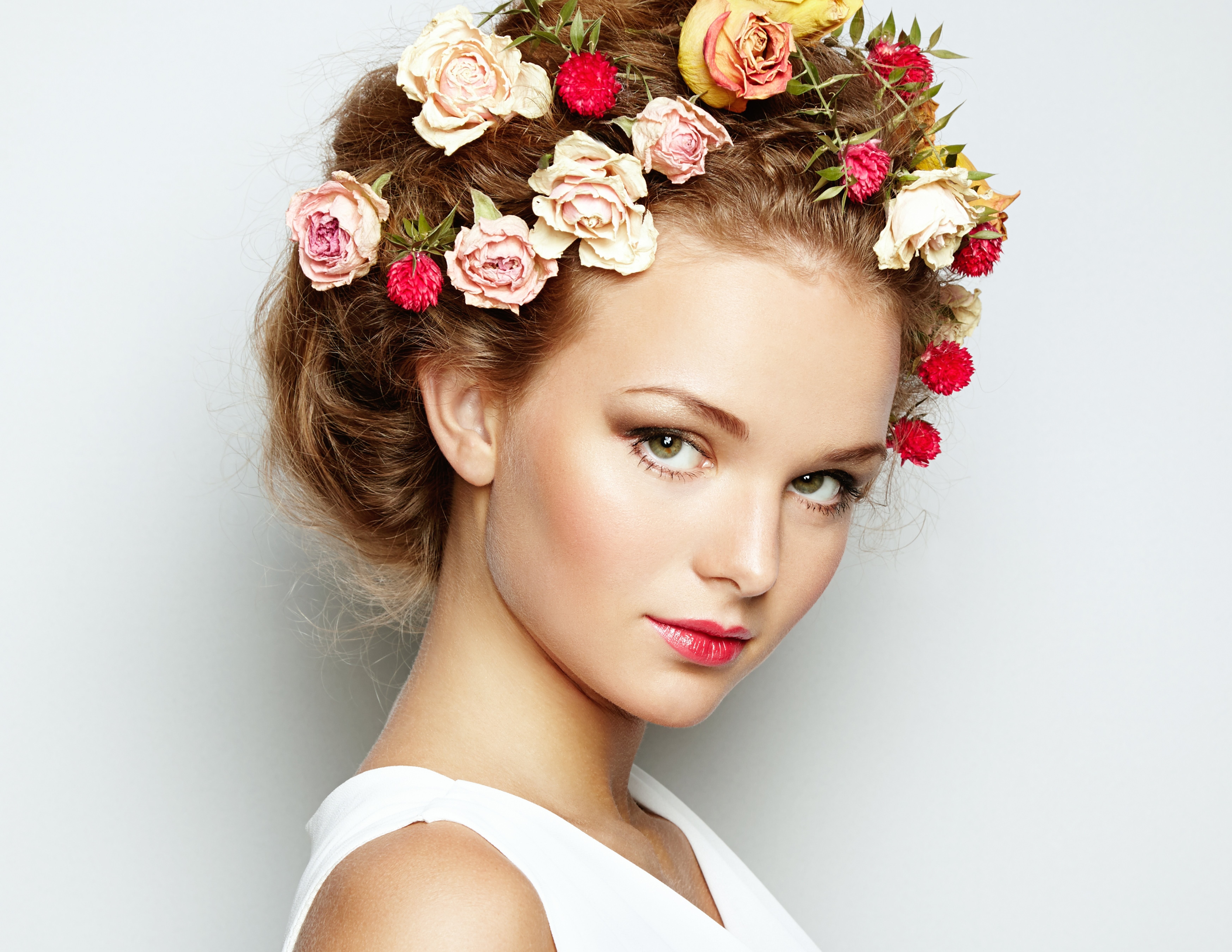 Woman with flowers in her hair and white dress HD Wallpaper