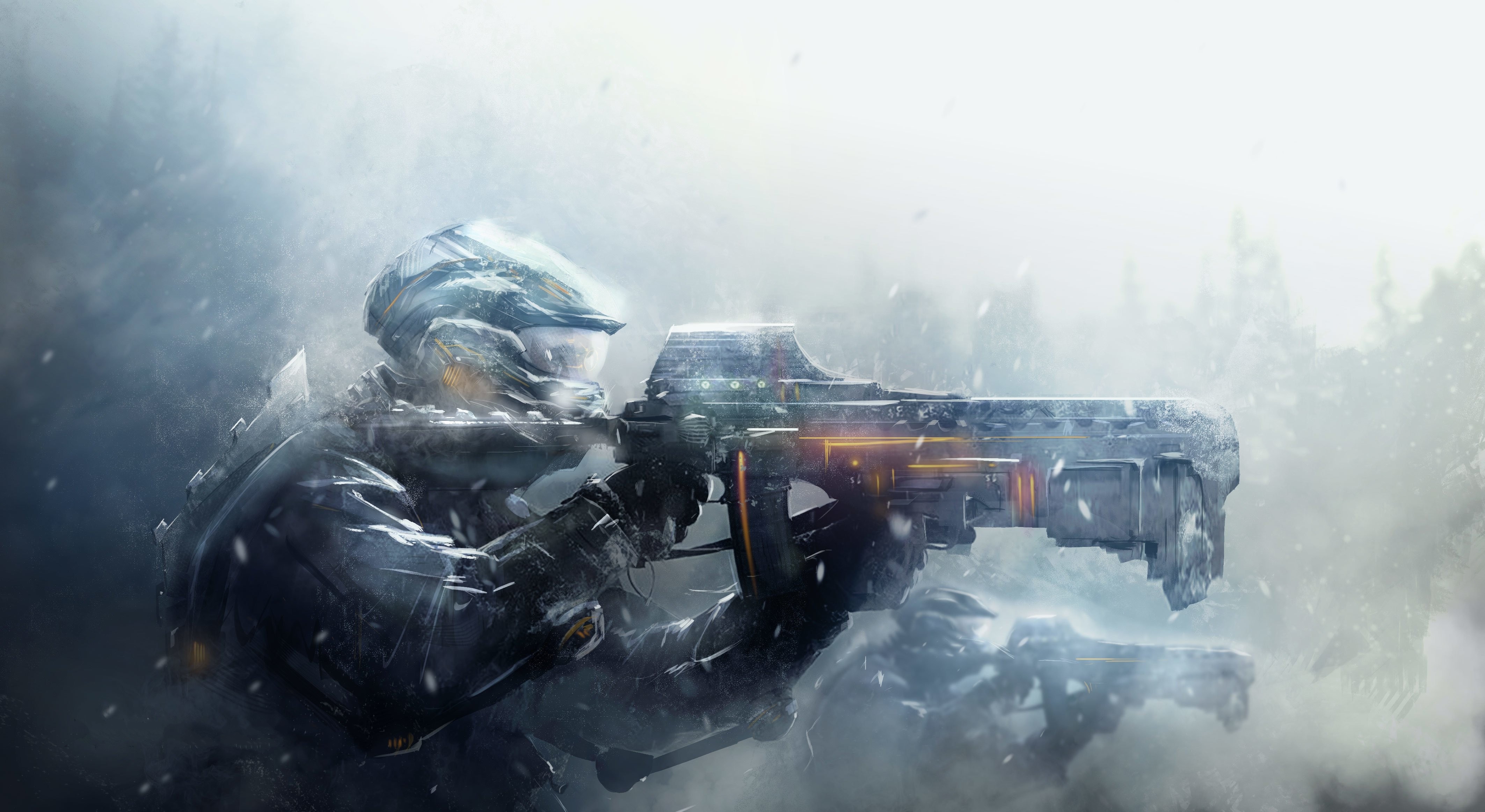 Soldiers in a blizzard with futuristic weapons HD Wallpaper