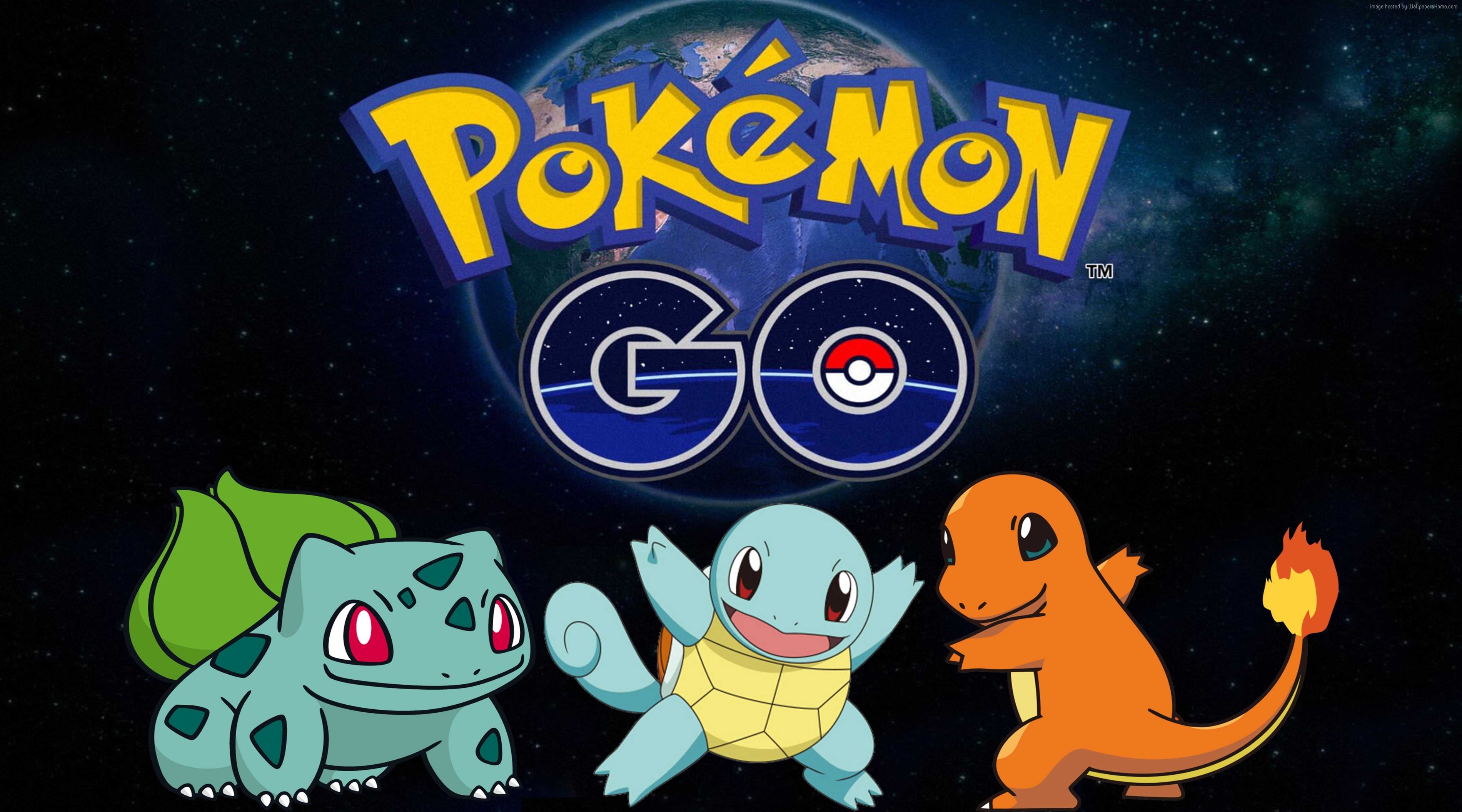 Pokemon Go logo with Bulbasaur, Squirtle, and Charmander HD Wallpaper