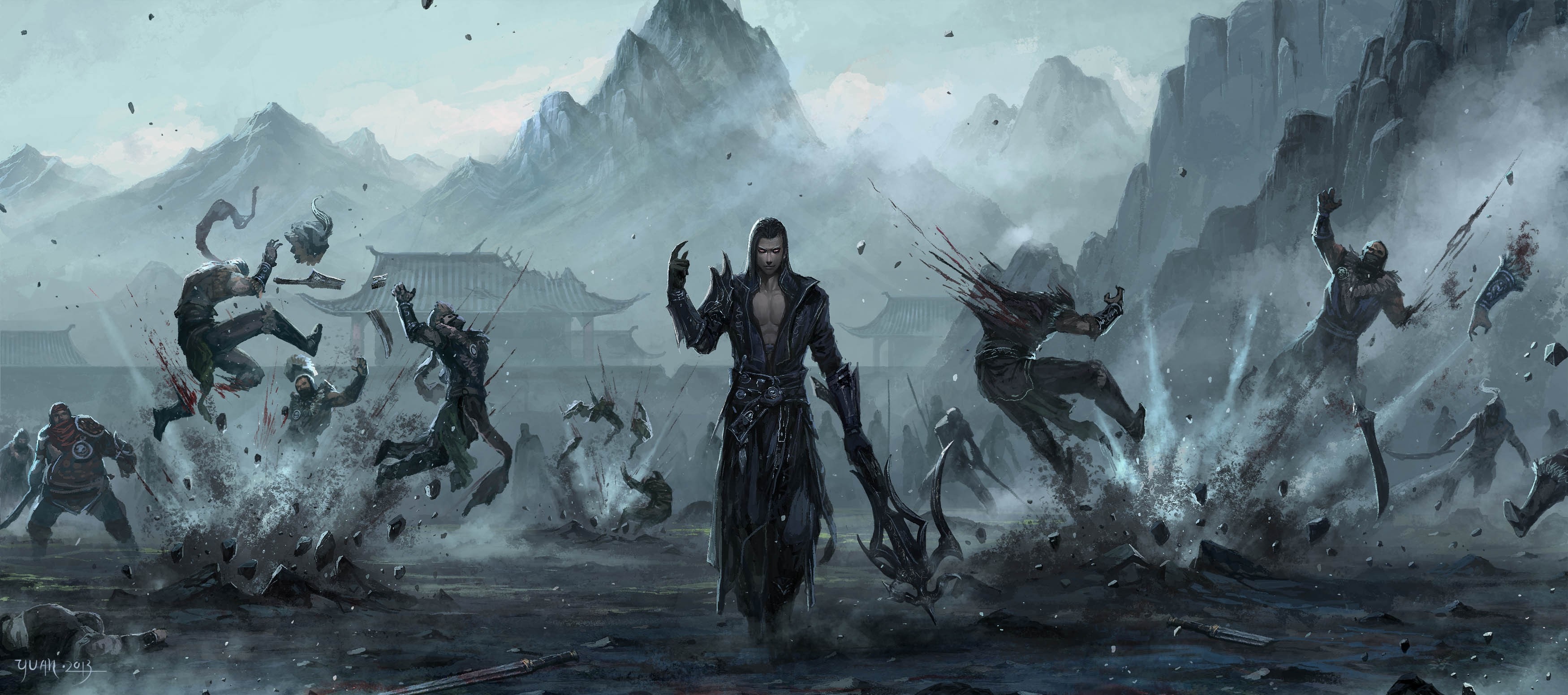 Fantasy warrior in black armor amidst a battle HD Wallpaper
