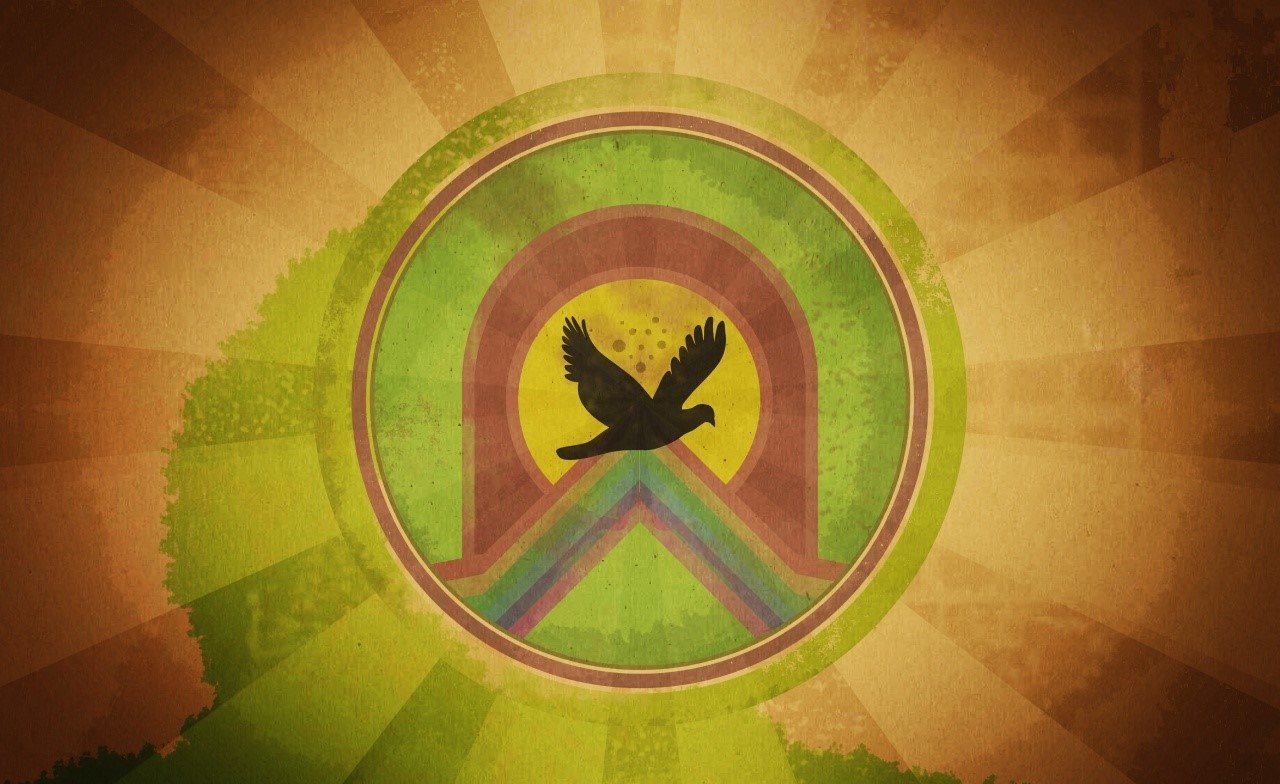 Illustration of a dove in a circular design with sunburst background HD Wallpaper
