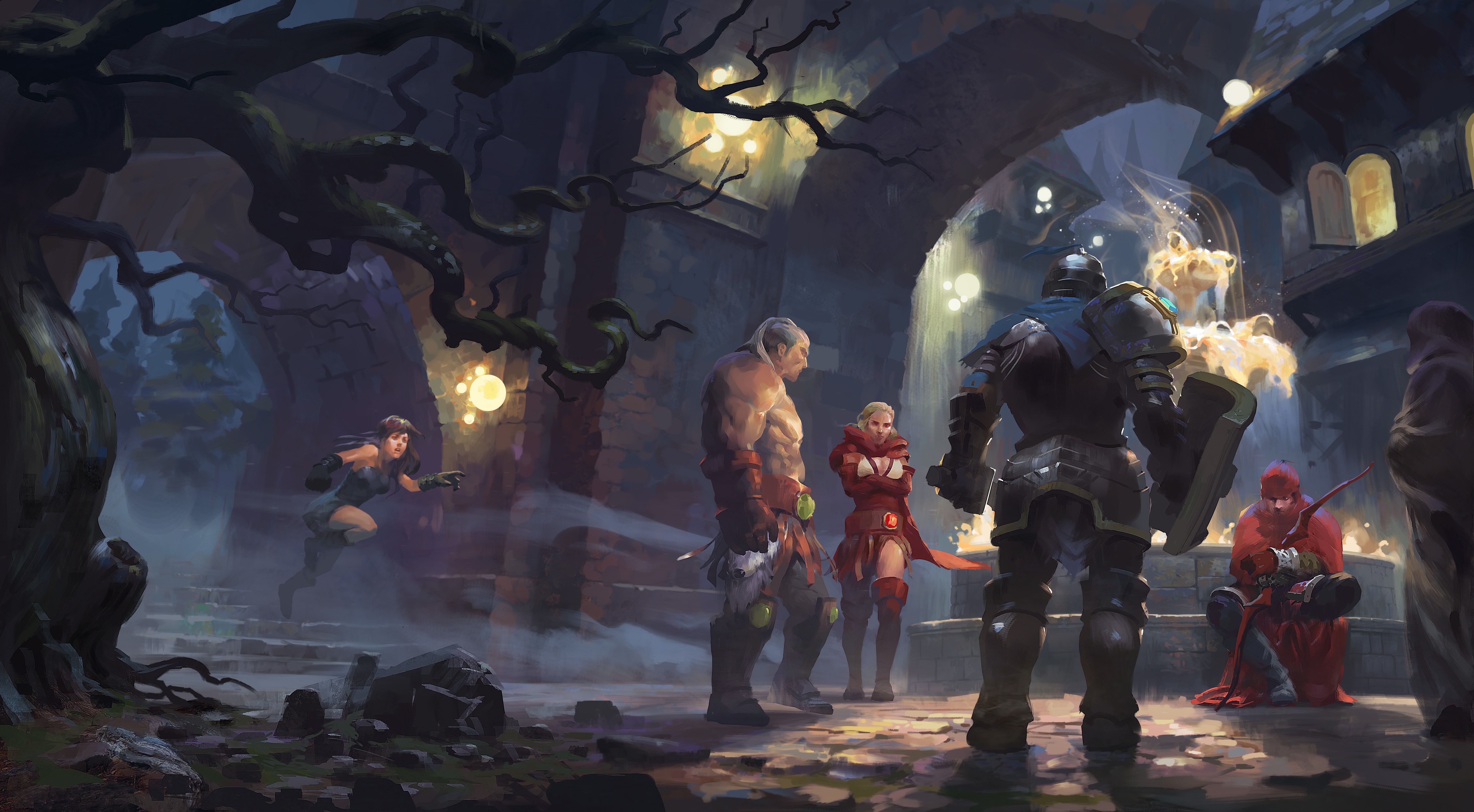 Fantasy characters in a dark, ancient courtyard HD Wallpaper
