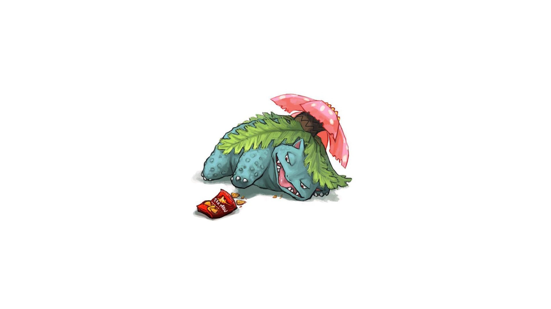 Venusaur from Pokemon with a bag of chips HD Wallpaper