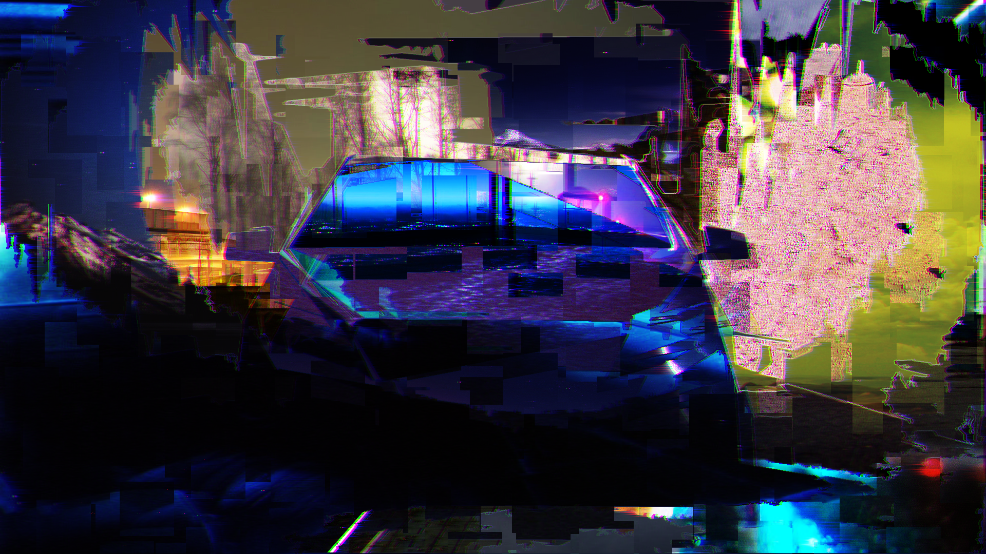 Glitch art car reflection at night HD Wallpaper