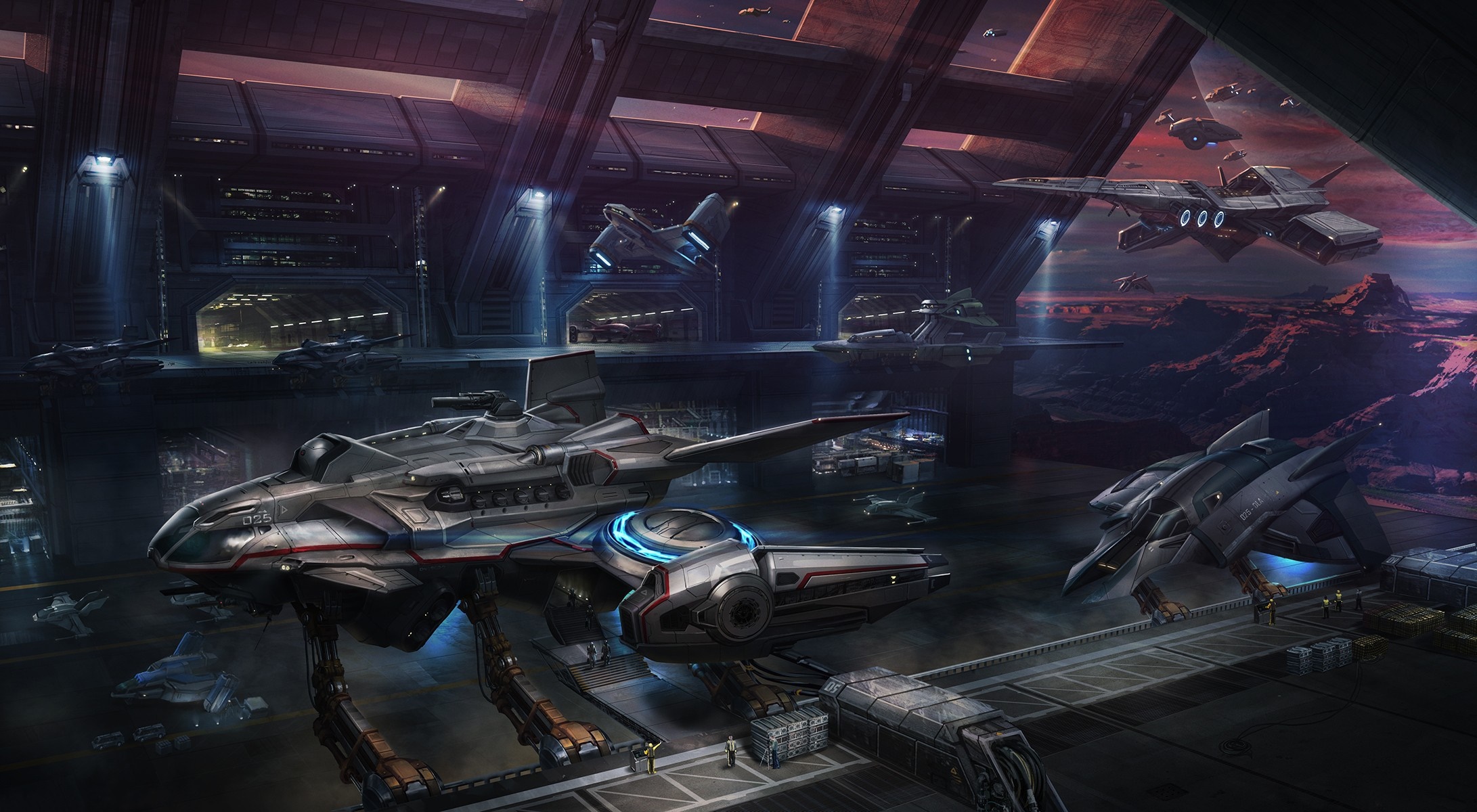 Spaceship hangar with alien planet background HD Wallpaper