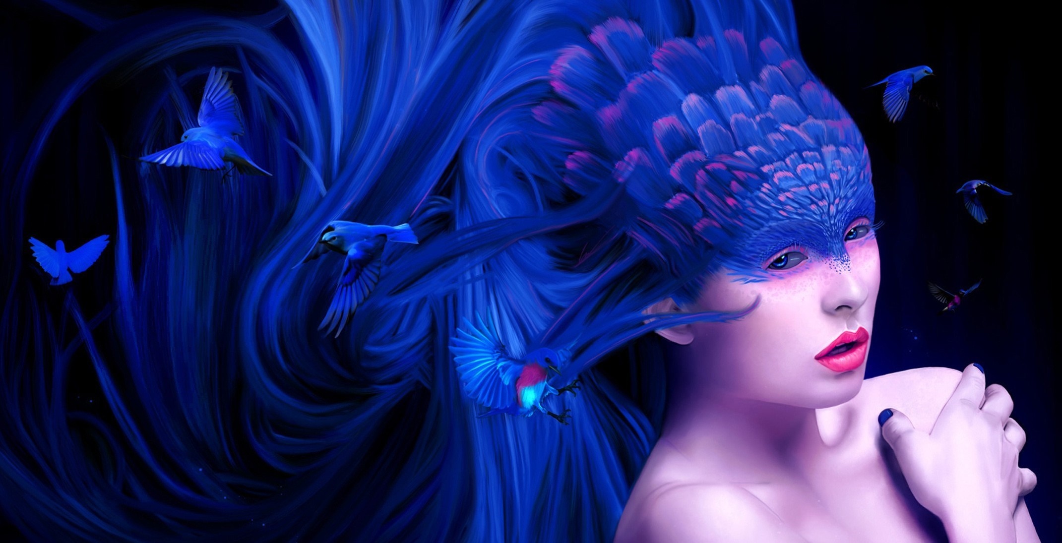 Fantasy art of a woman with blue feathers and birds HD Wallpaper