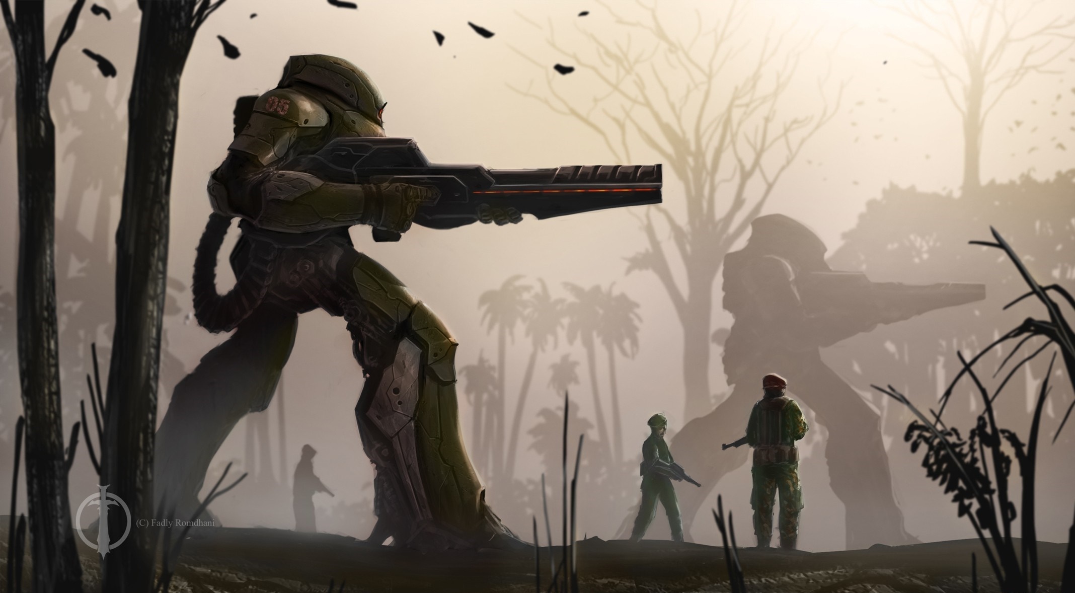 Futuristic soldiers and mechs in a misty forest HD Wallpaper
