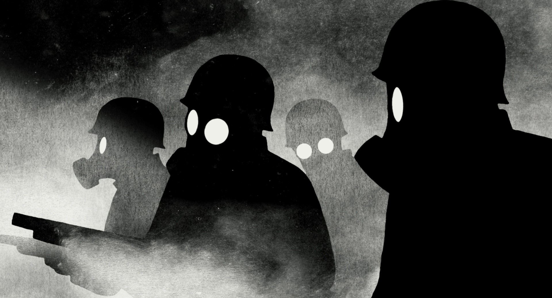 Silhouettes of soldiers in gas masks and helmets HD Wallpaper