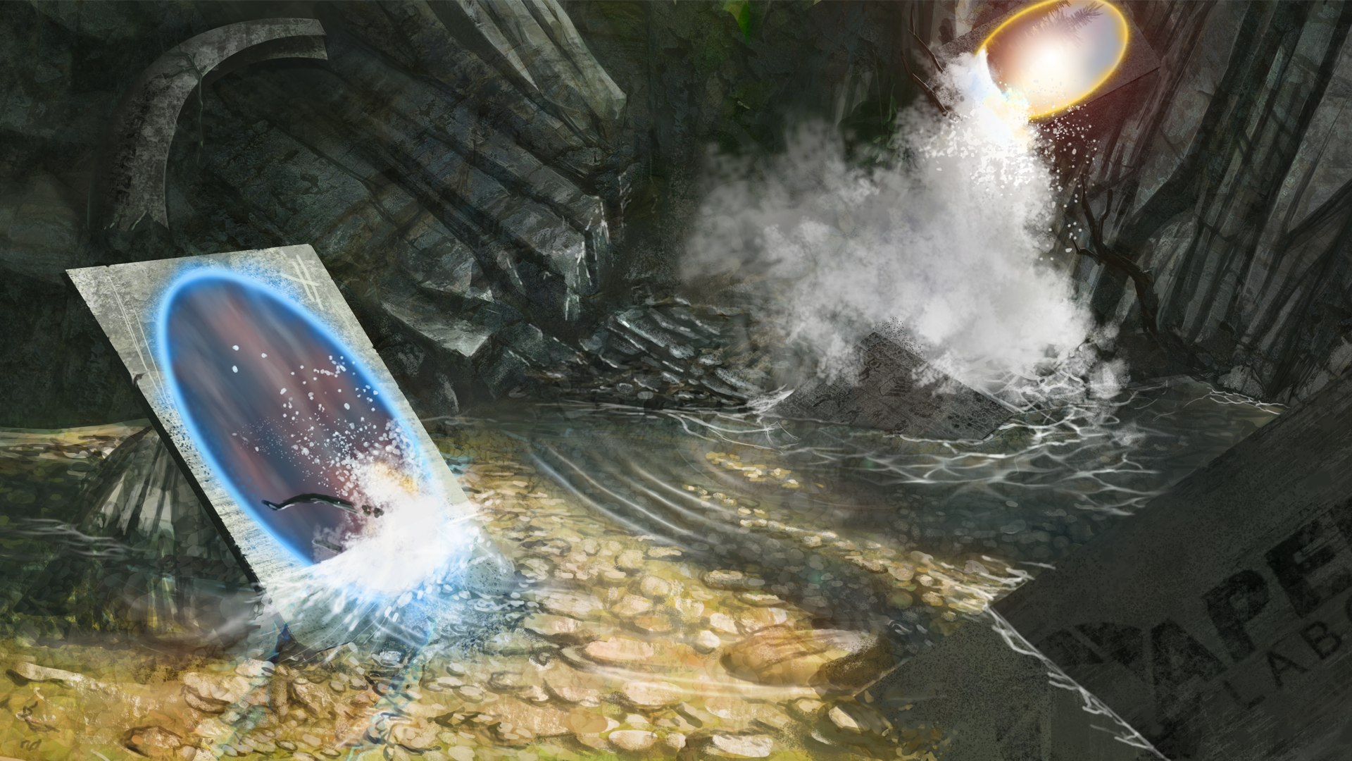 Portal 2 fan art with a portal and water HD Wallpaper