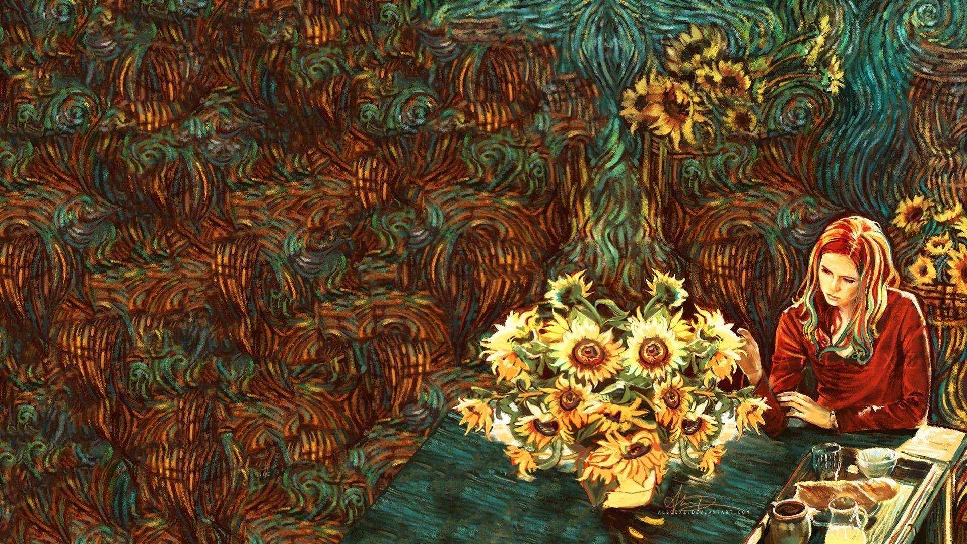 Woman with sunflowers in a Van Gogh-style painting HD Wallpaper