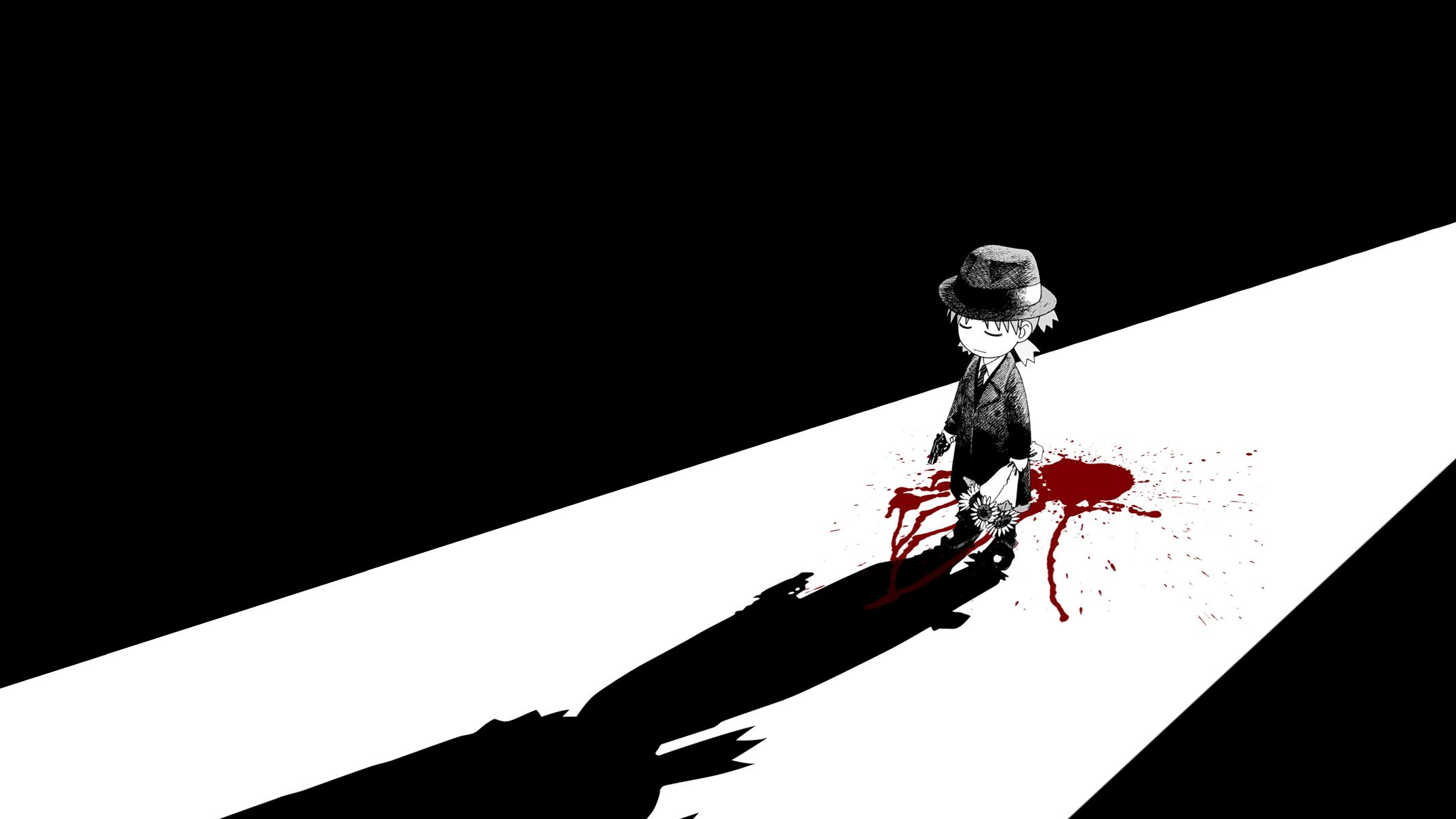 Chibi character in a suit with blood splatters HD Wallpaper