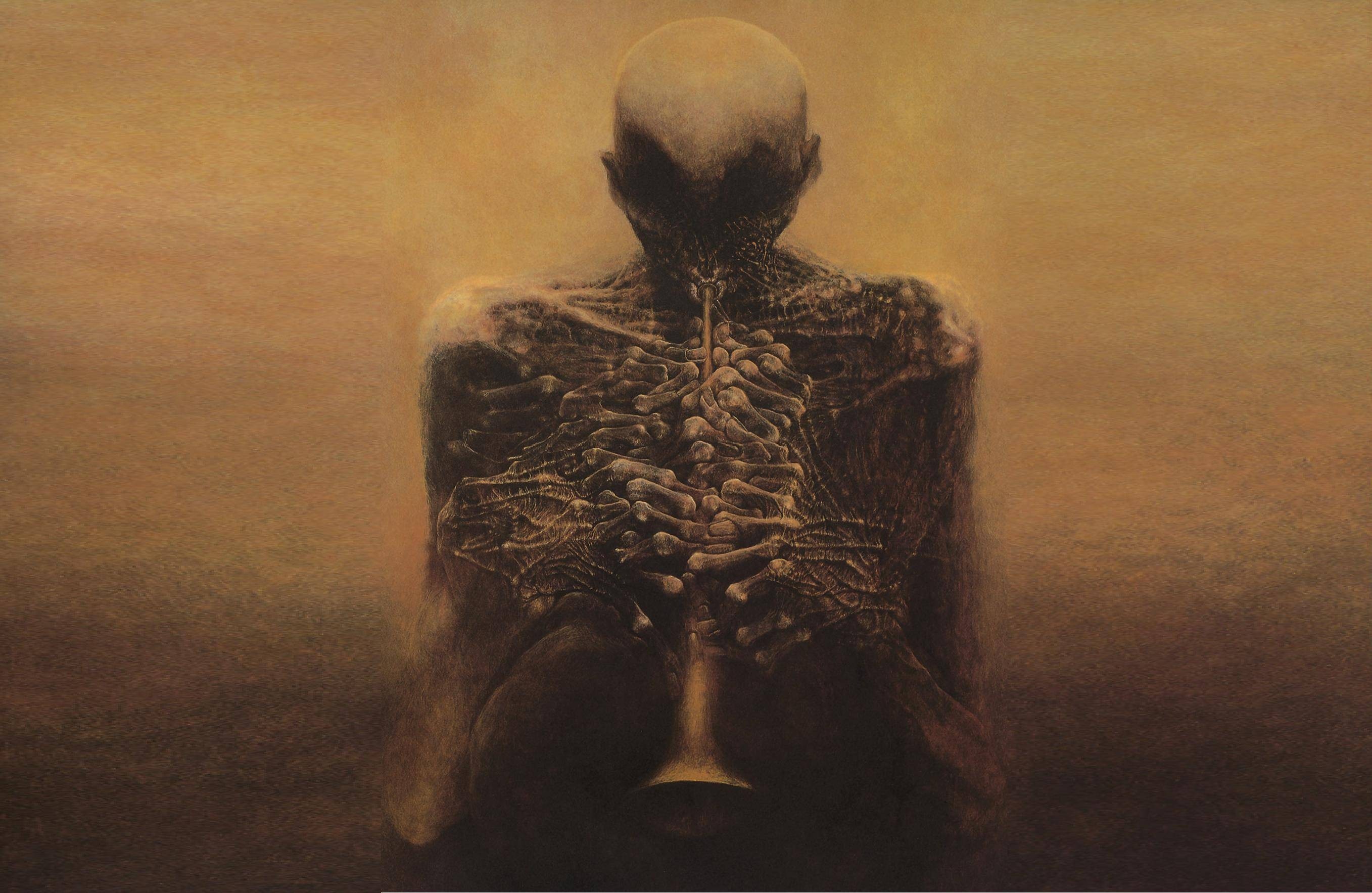 Painting of a skeletal figure by Zdzisław Beksiński HD Wallpaper