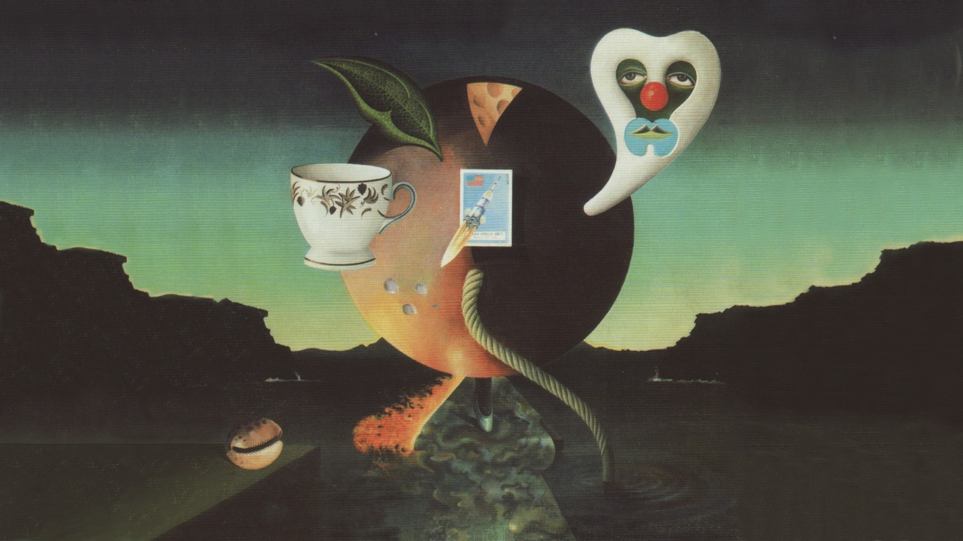 Surreal landscape with a teacup, a rocket, and a clown face HD Wallpaper