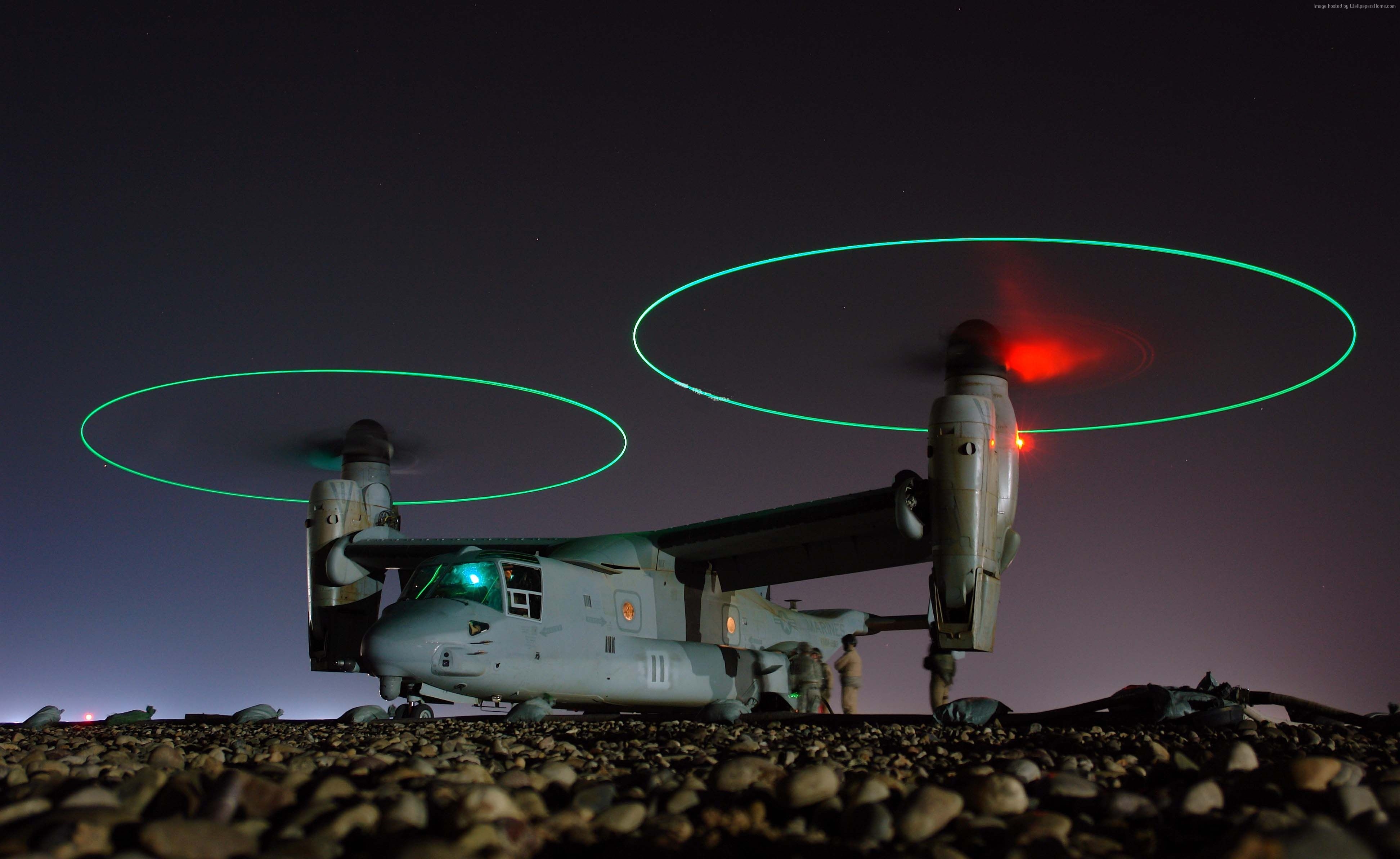 Bell V-22 Osprey tiltrotor military aircraft at night HD Wallpaper