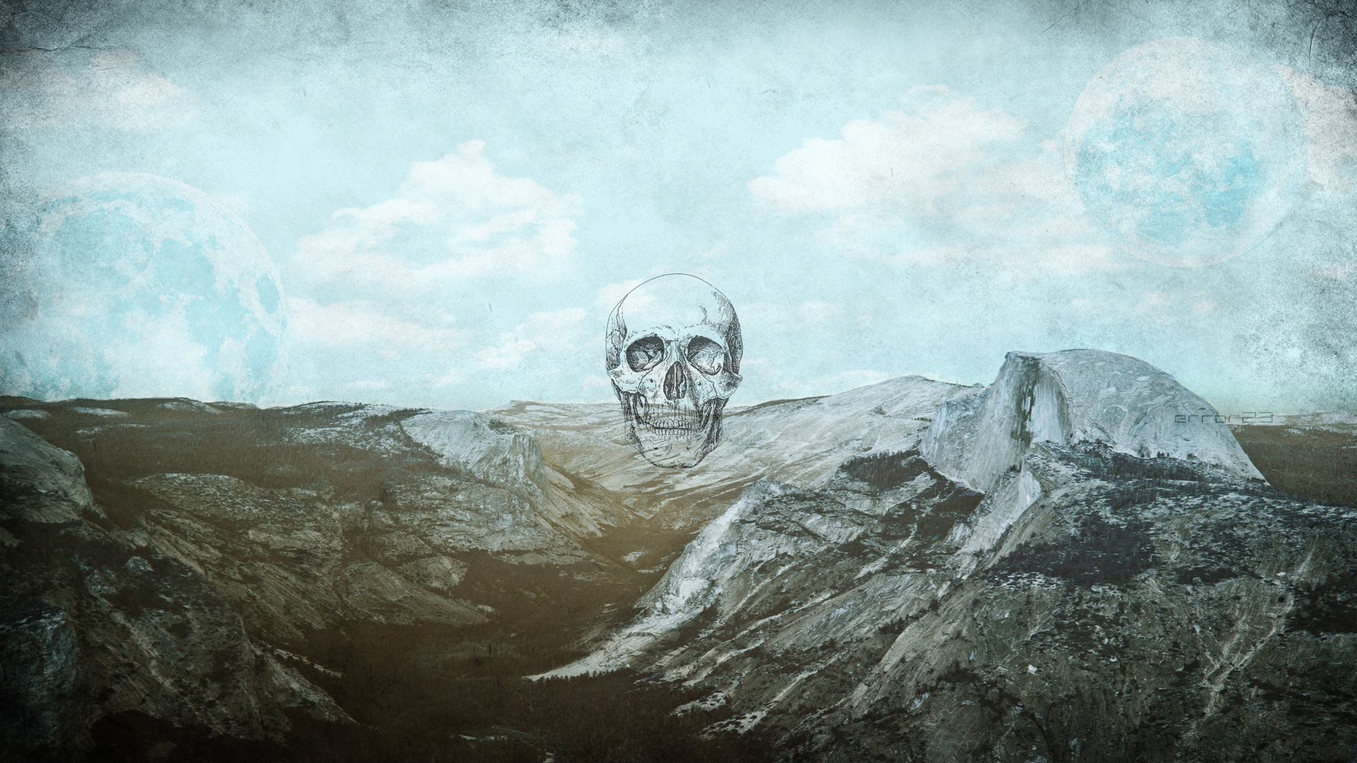 Skull over Yosemite Valley with two moons HD Wallpaper