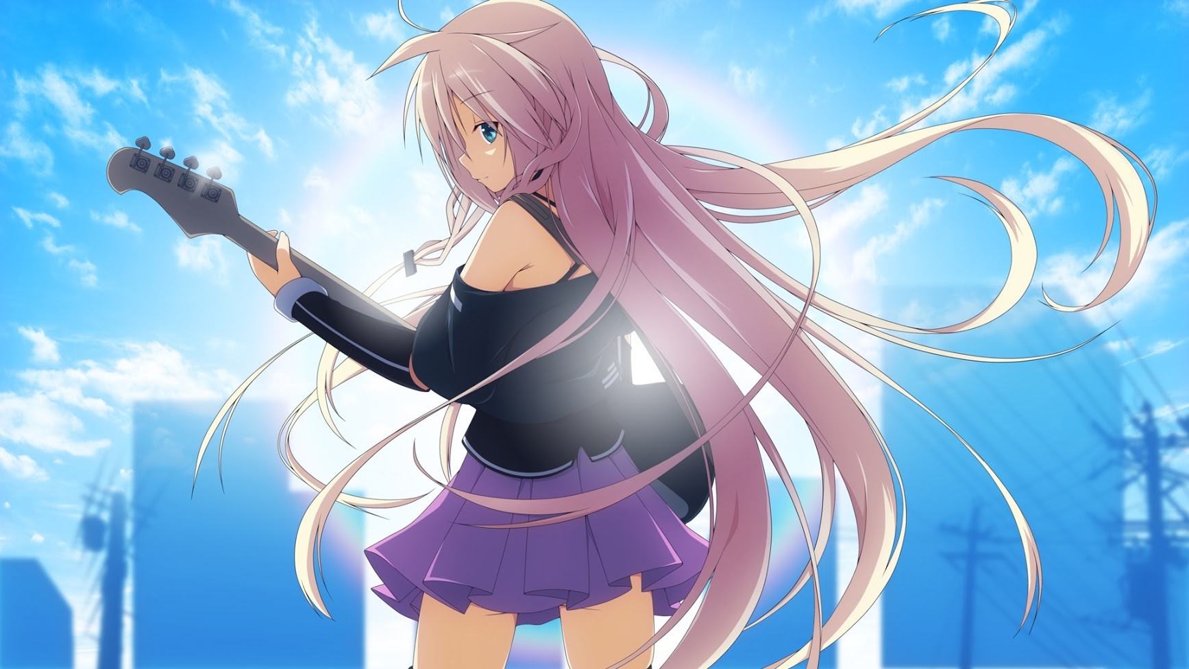 IA Vocaloid playing guitar against a blue sky HD Wallpaper