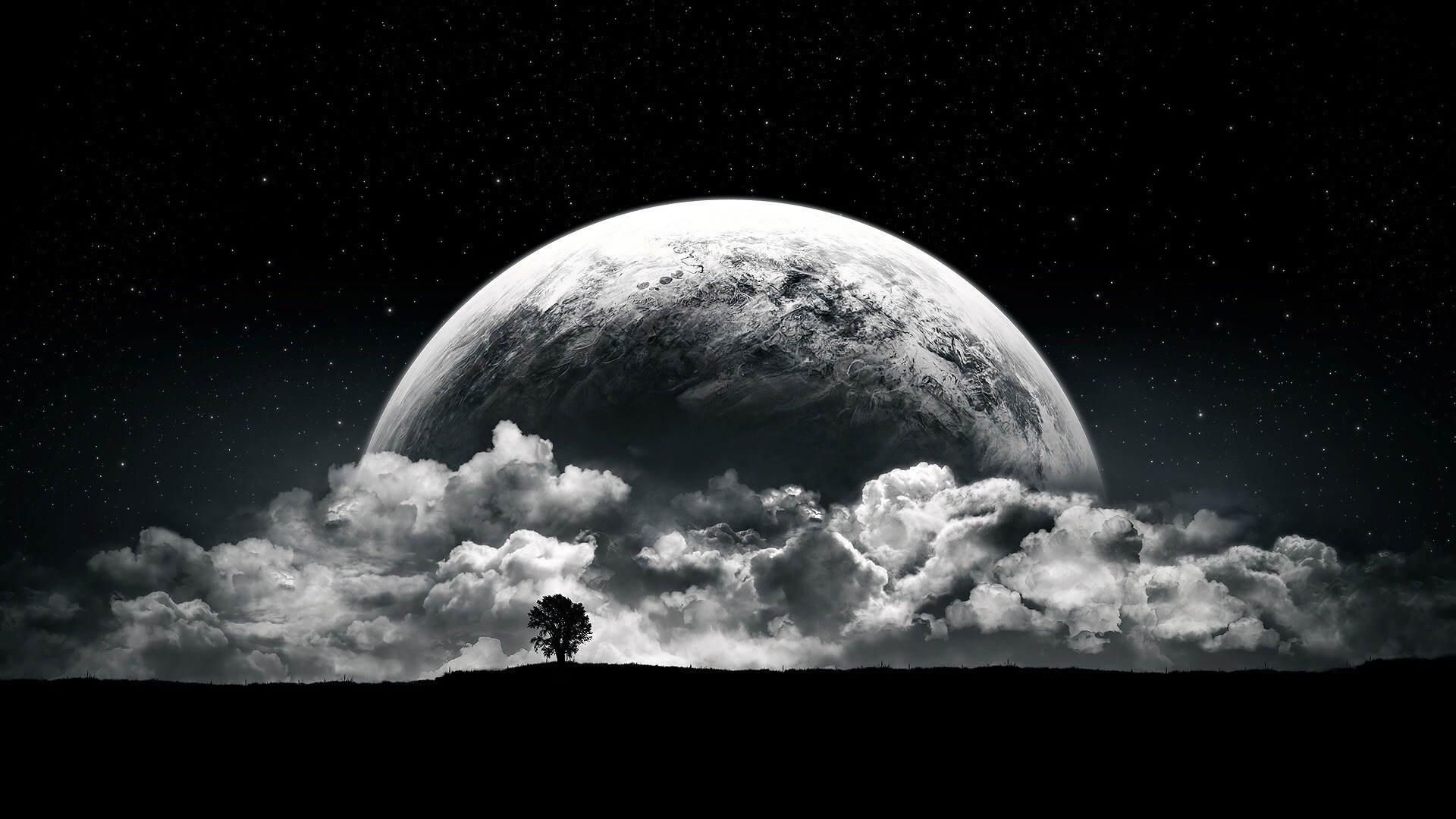 Planet rising over clouds with a lone tree HD Wallpaper