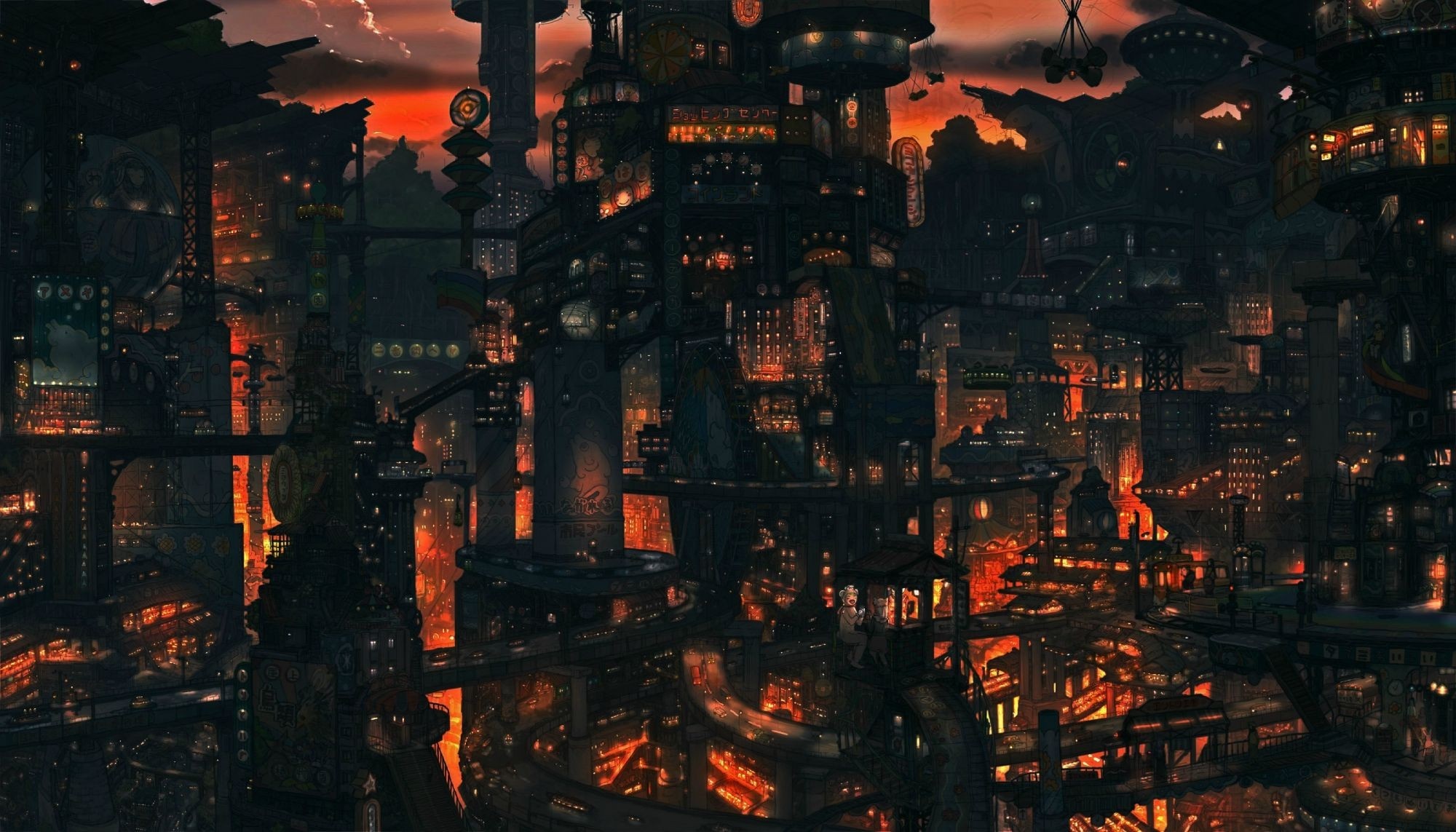 Futuristic cityscape at night with orange glow HD Wallpaper
