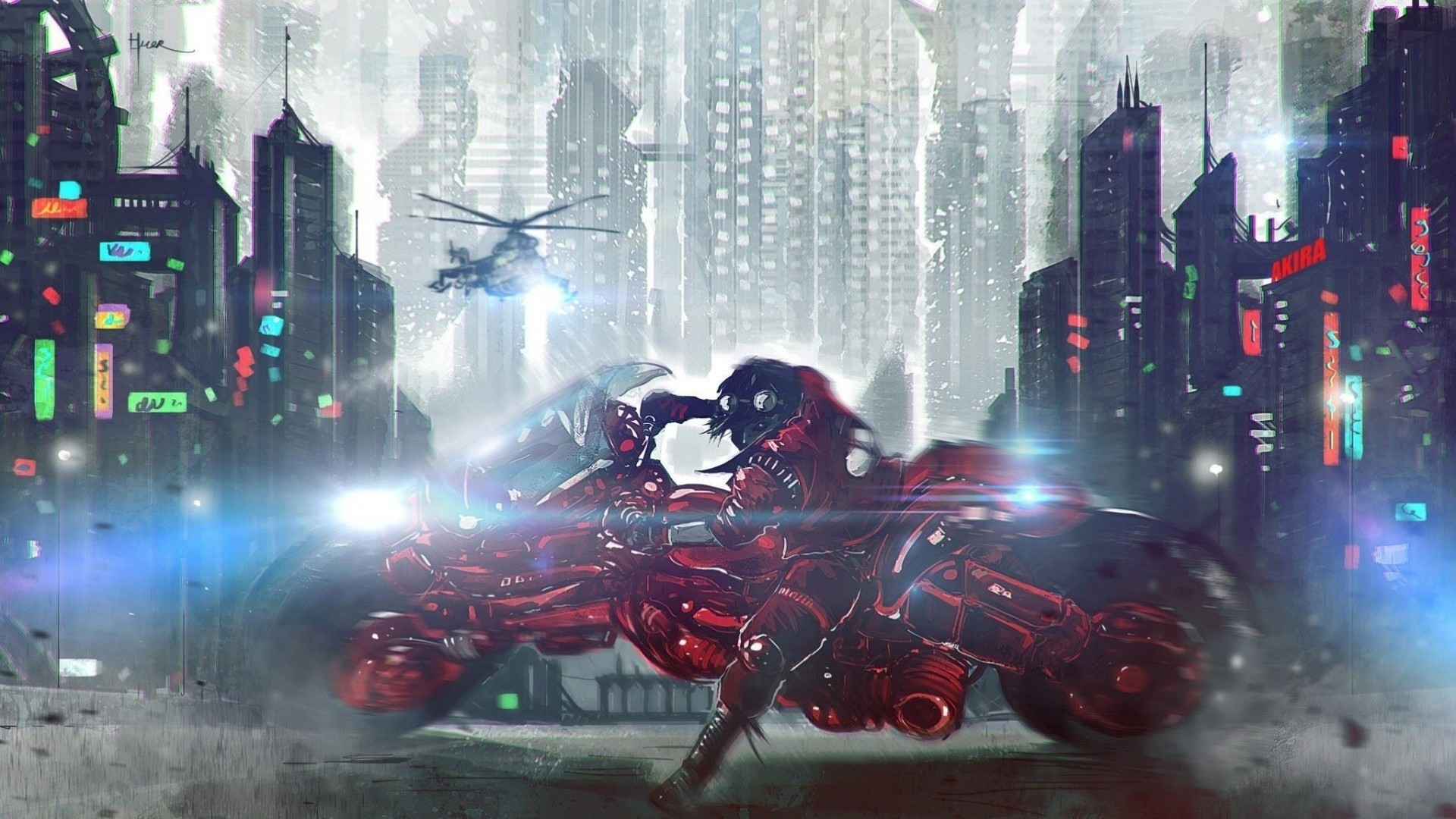 Kaneda's motorcycle from Akira in a futuristic city HD Wallpaper