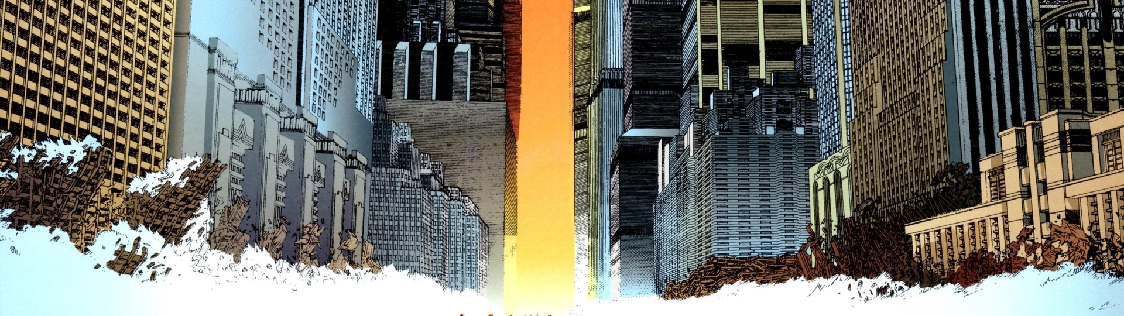 Destroyed city with a bright orange light beam HD Wallpaper