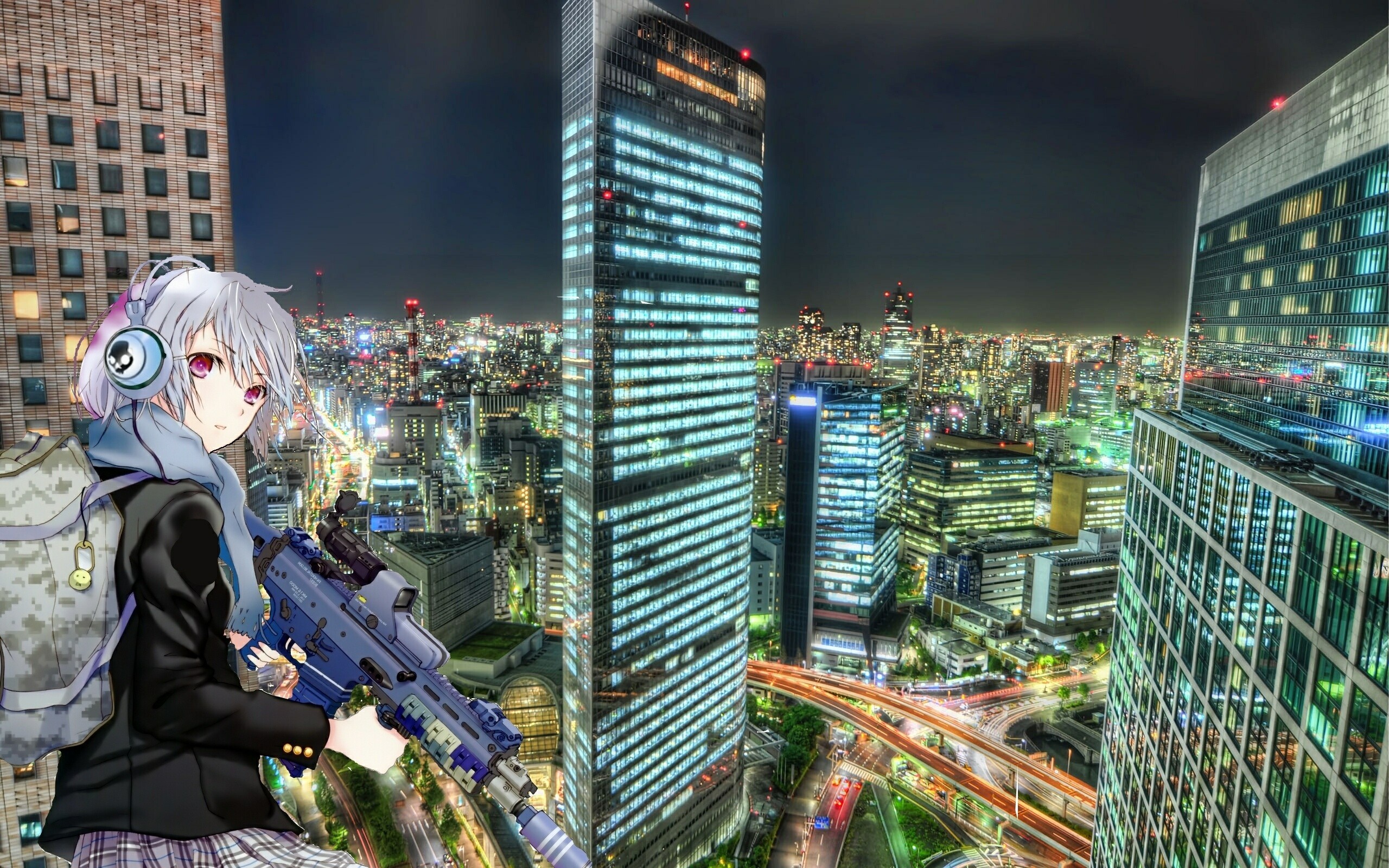 Anime girl with headphones and rifle in futuristic city at night HD Wallpaper