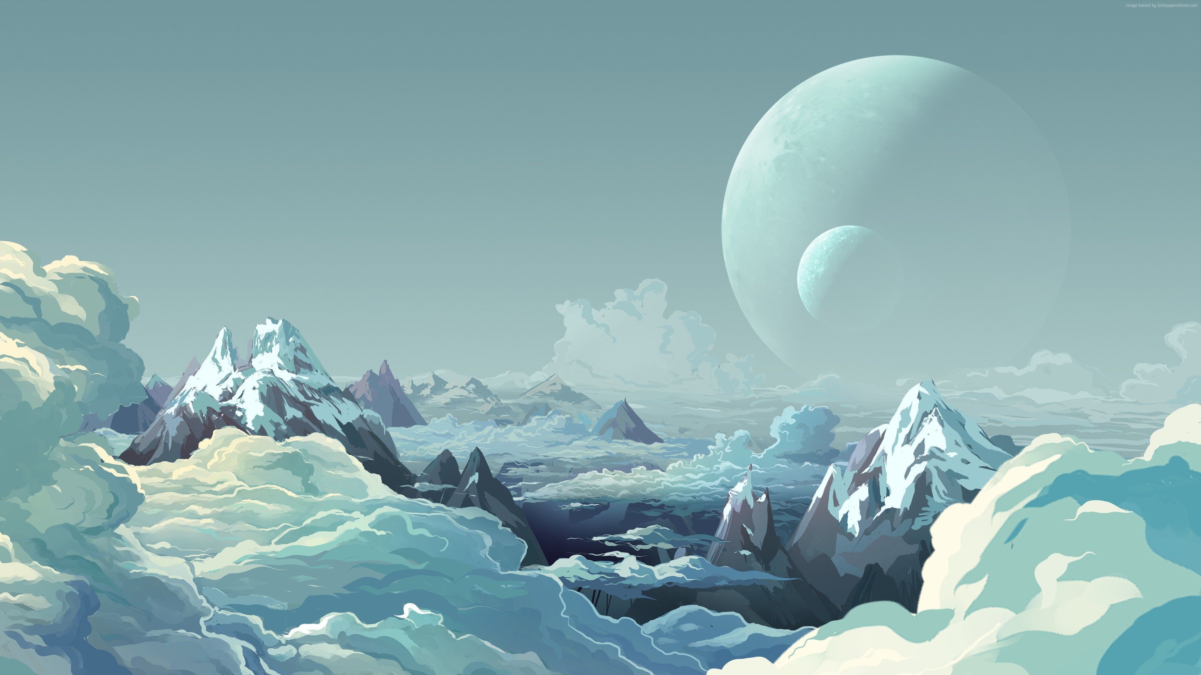 Snowy mountains and planets in the sky HD Wallpaper