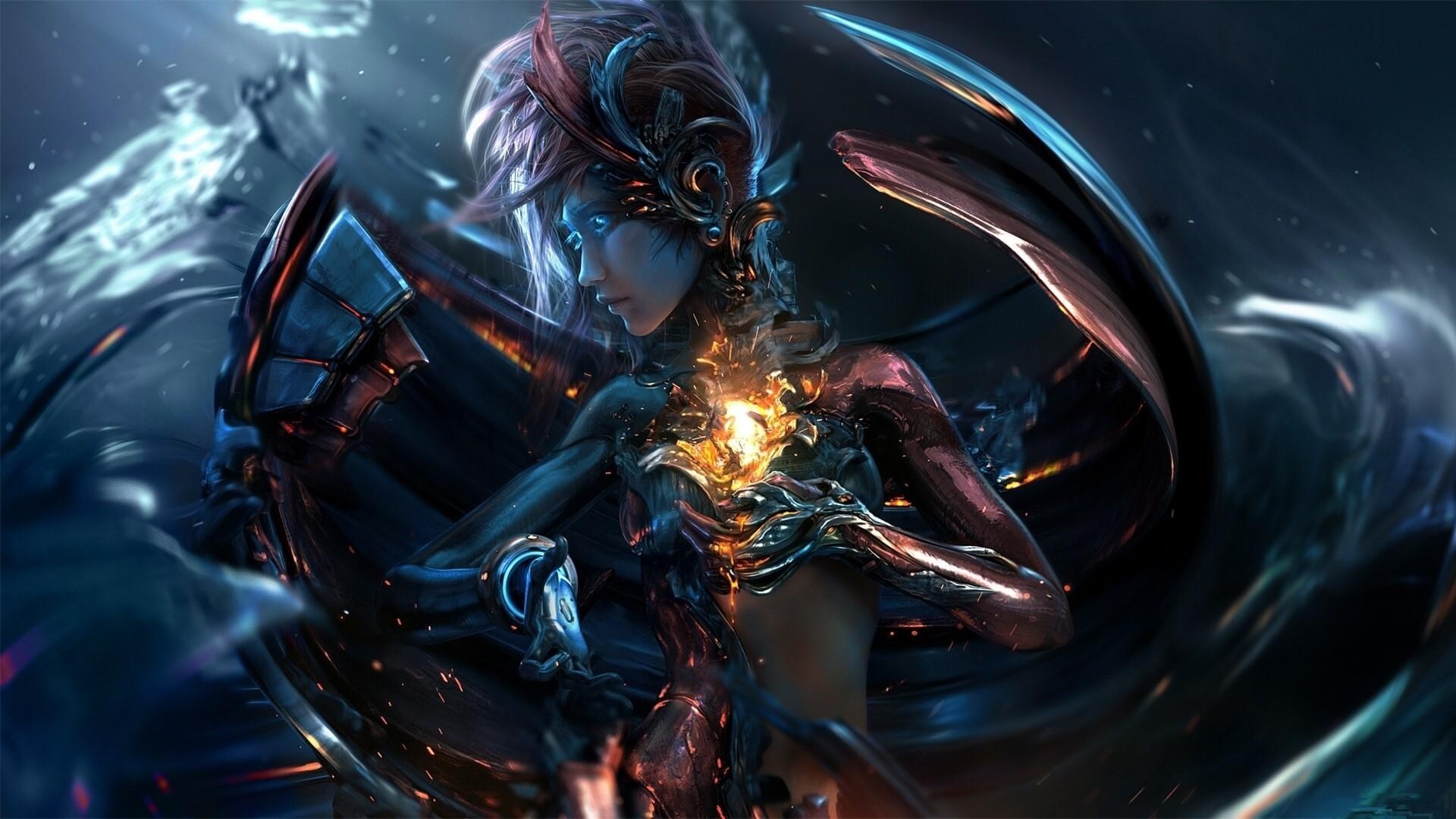 Futuristic woman with glowing chest and mechanical armor HD Wallpaper