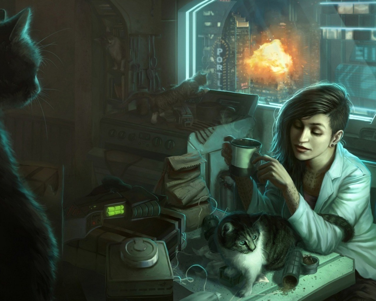 Woman with cats in a futuristic city with explosion HD Wallpaper