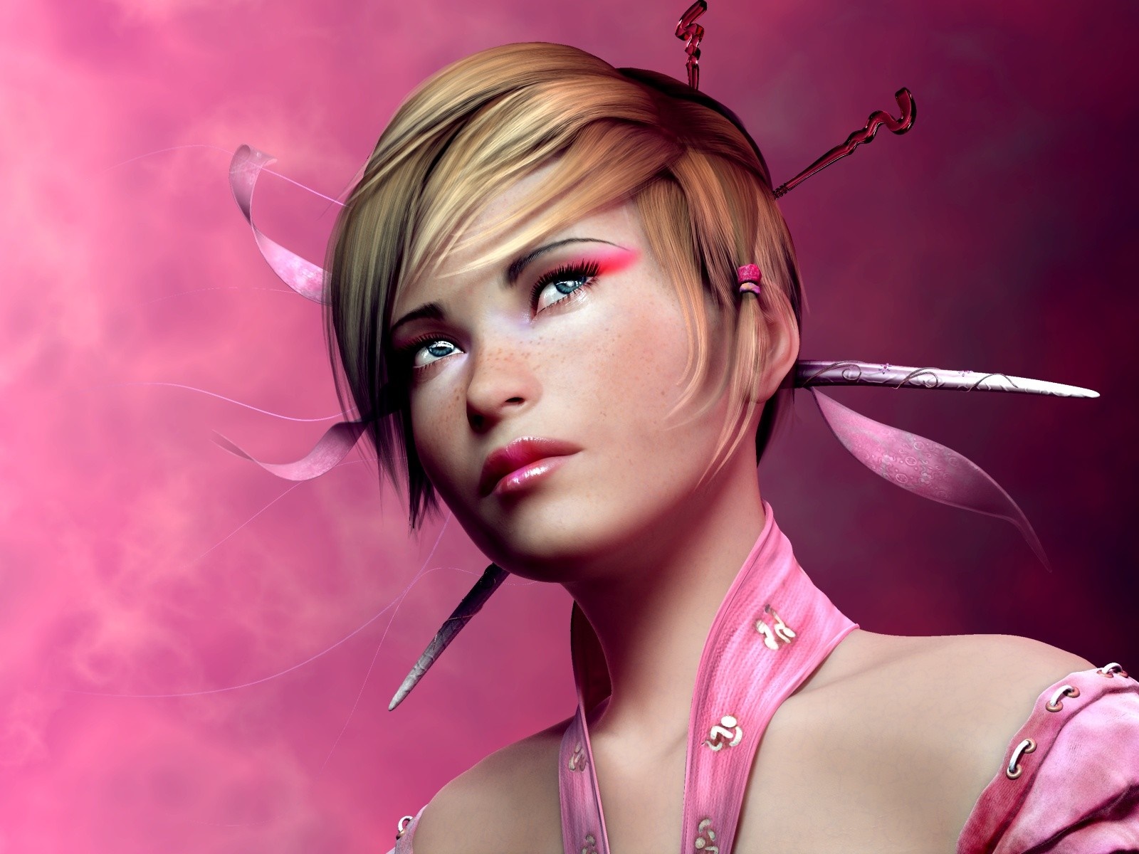 Young woman with blonde hair and pink outfit HD Wallpaper