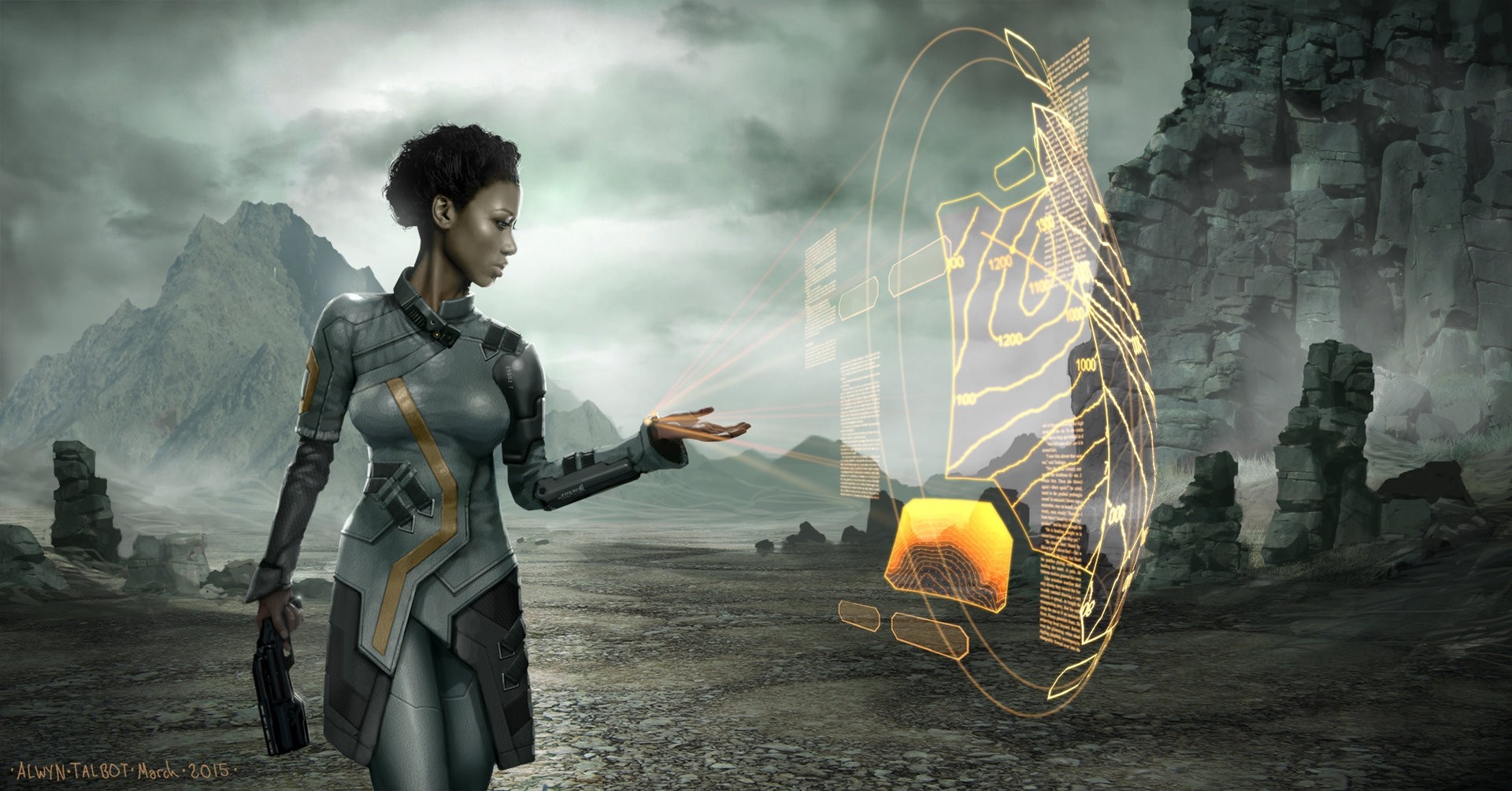 Woman interacting with holographic display in futuristic landscape HD Wallpaper