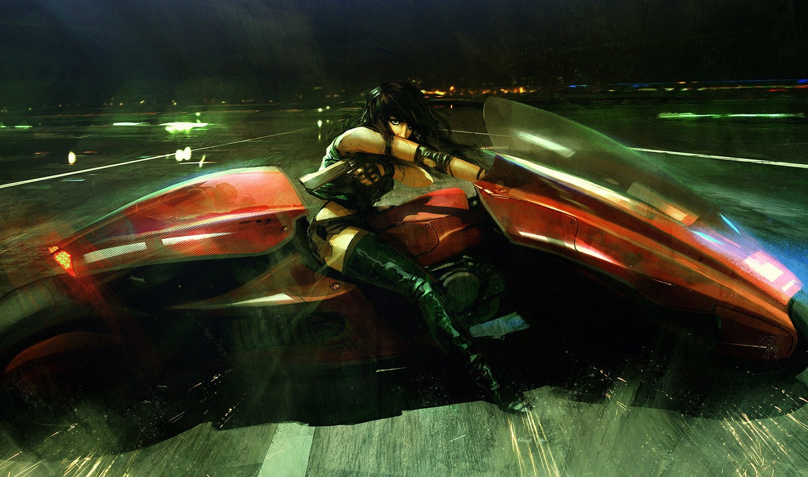 Cyberpunk woman riding a futuristic motorcycle at night HD Wallpaper
