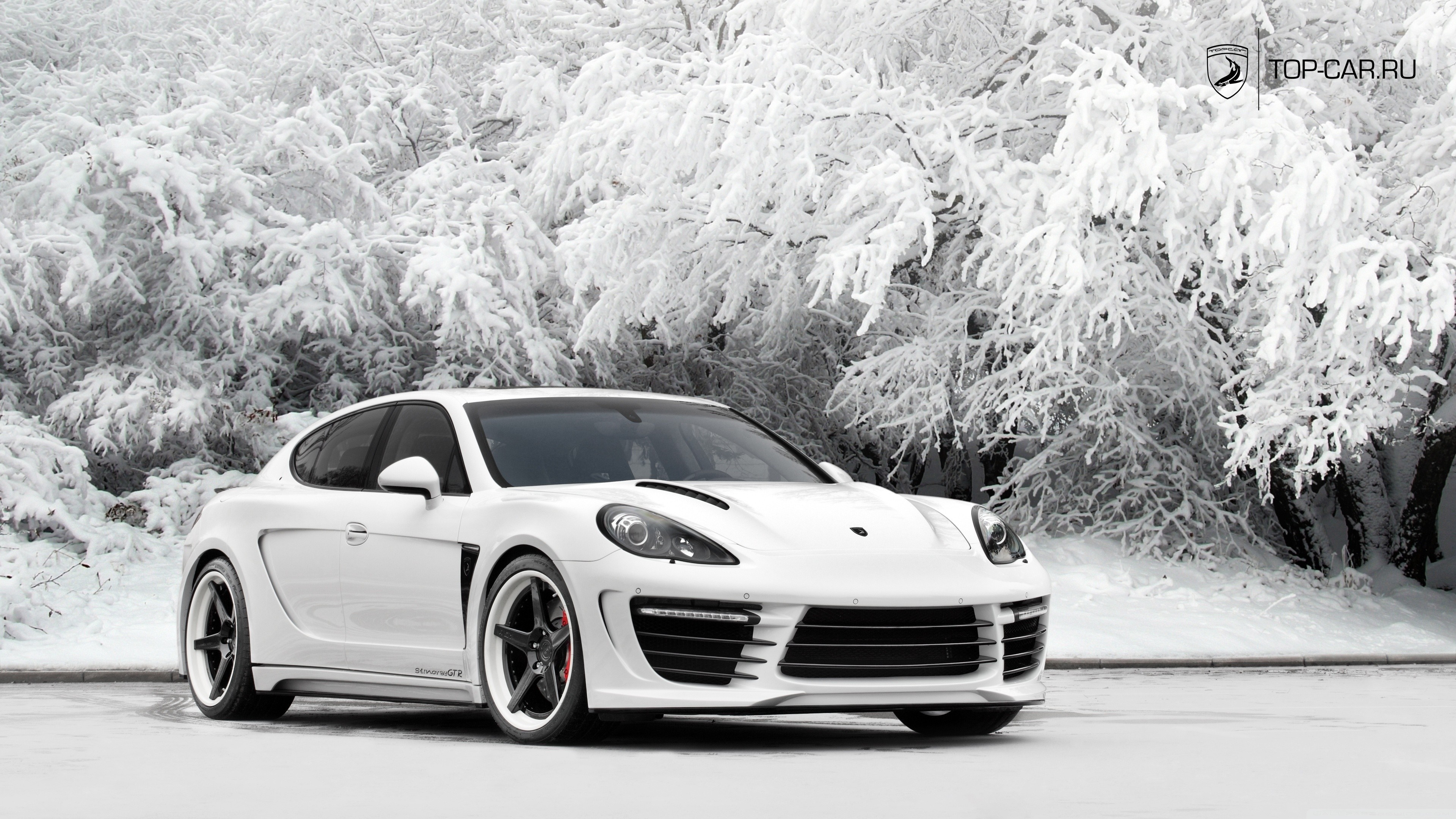 White Porsche Panamera GTS in snowy forest HD Wallpaper