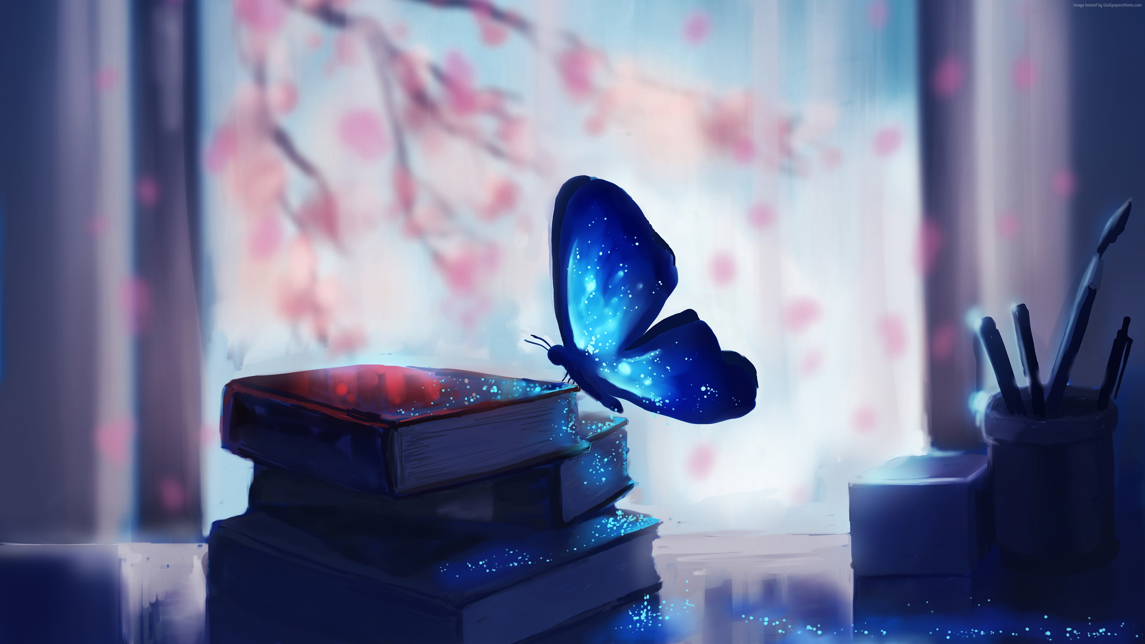 Magical blue butterfly on books HD Wallpaper