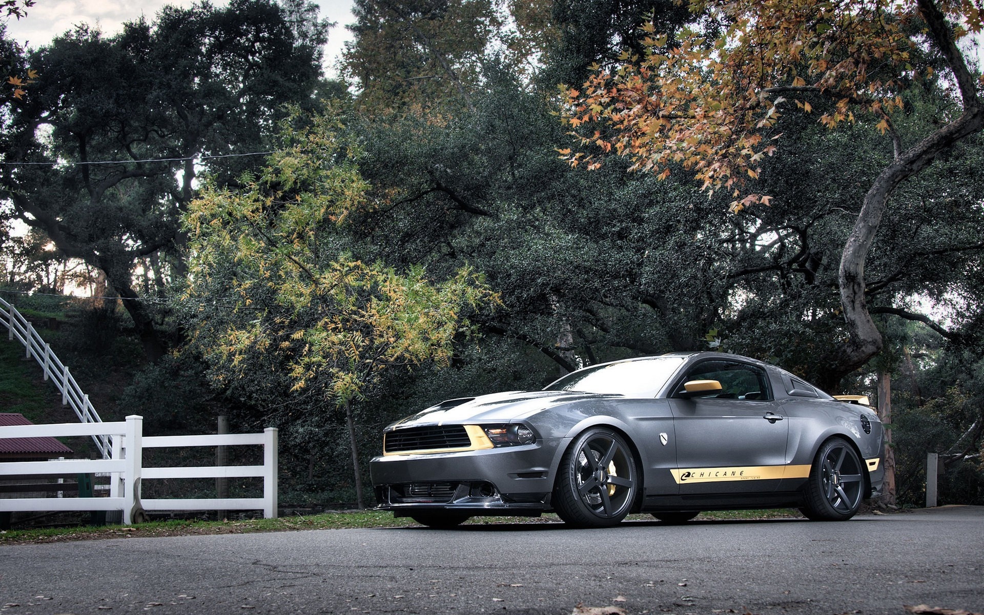 Gray and yellow Ford Mustang parked on a road HD Wallpaper