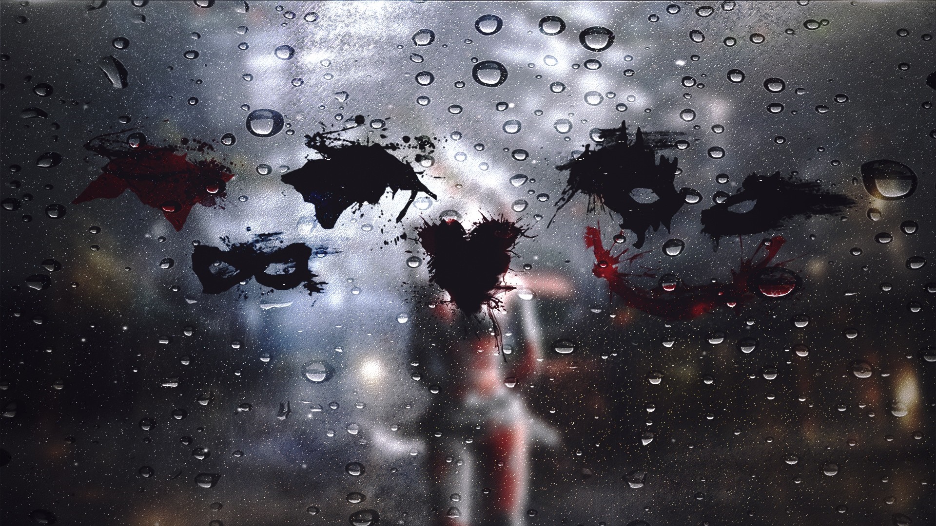 Masks and splatters on a rainy window HD Wallpaper