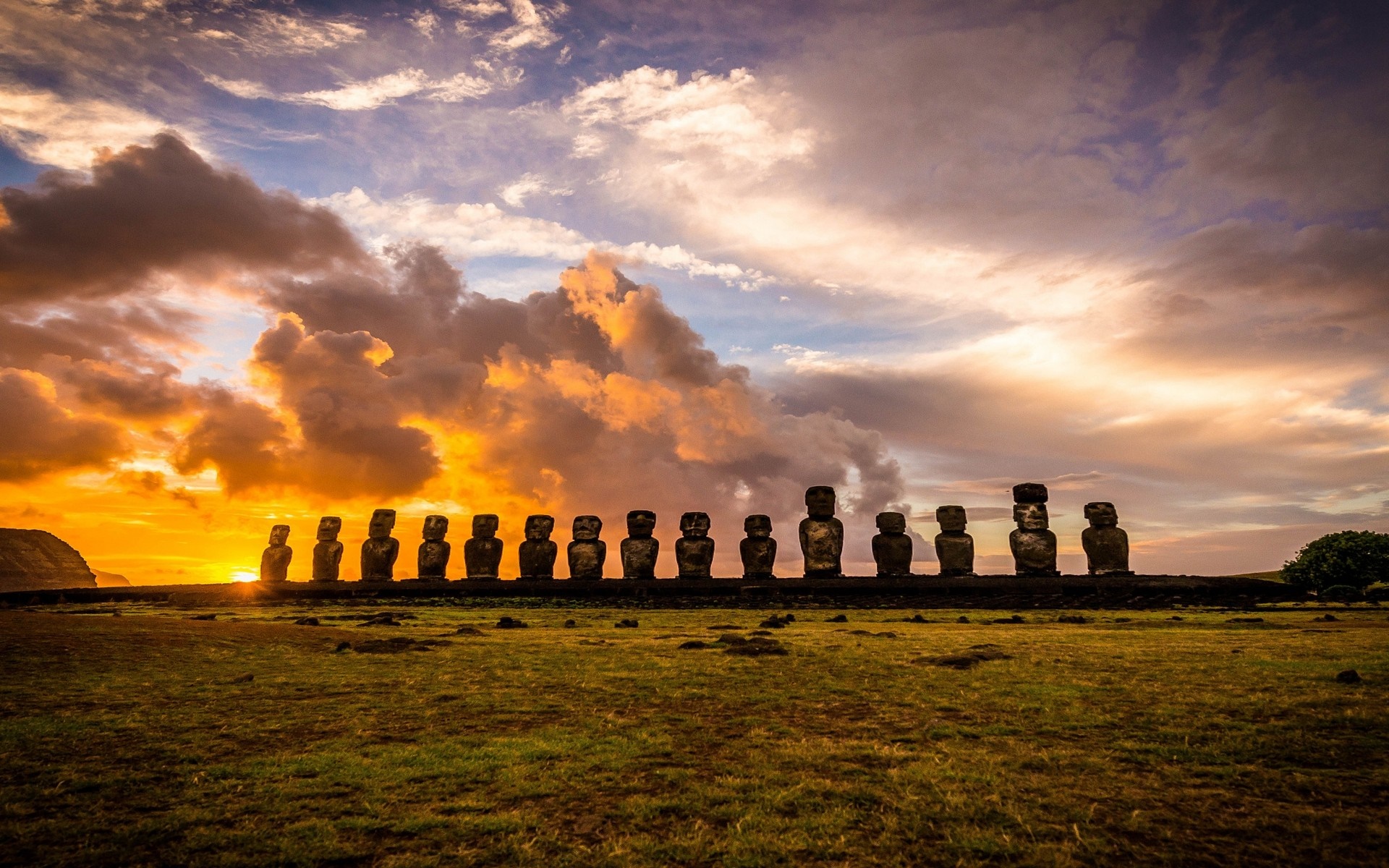 Moai statues on Easter Island at sunset HD Wallpaper
