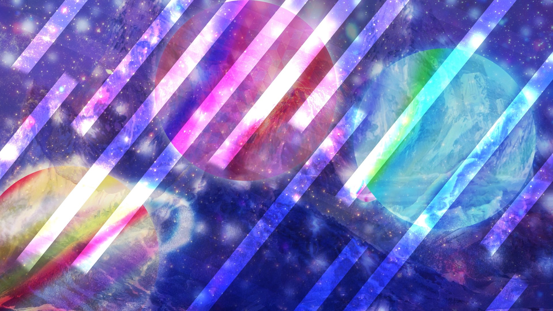 Colorful planets in a starry galaxy with diagonal stripes HD Wallpaper
