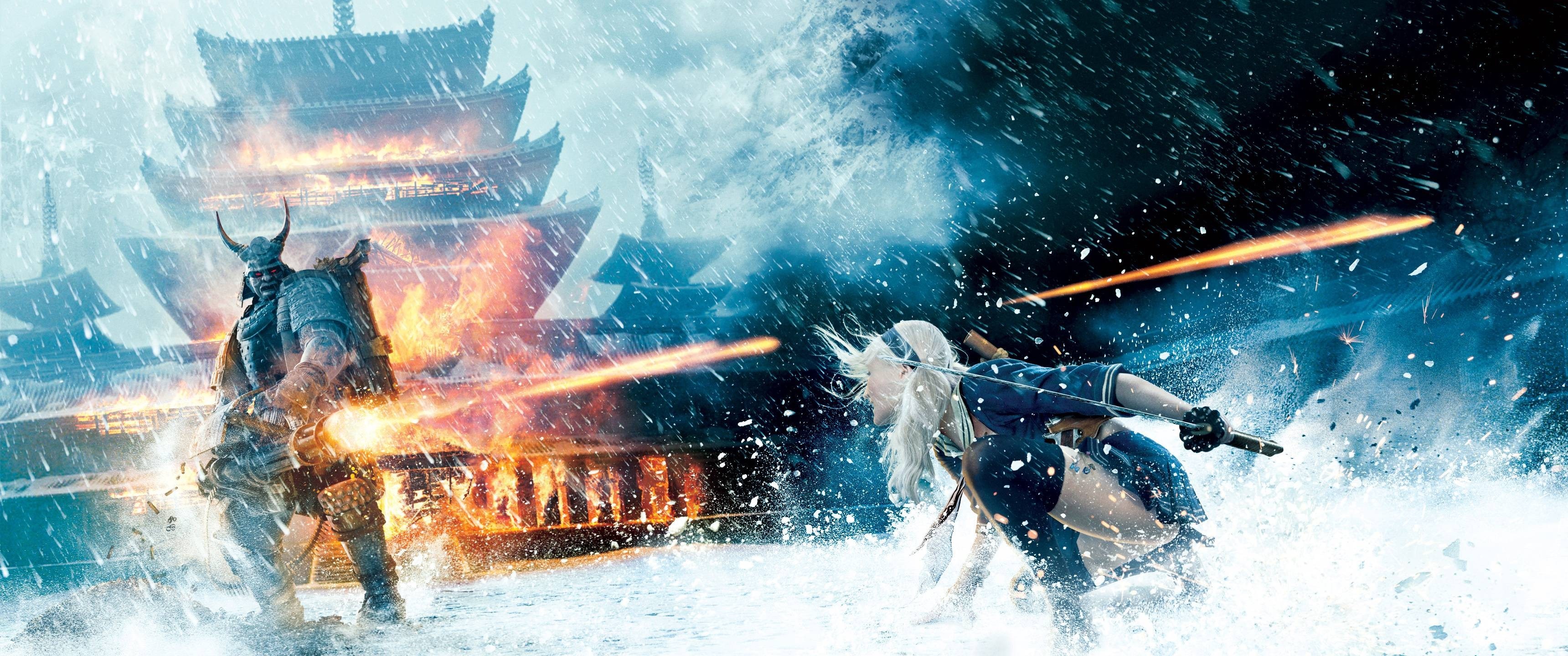 Babydoll and a samurai fighting in front of a burning temple HD Wallpaper