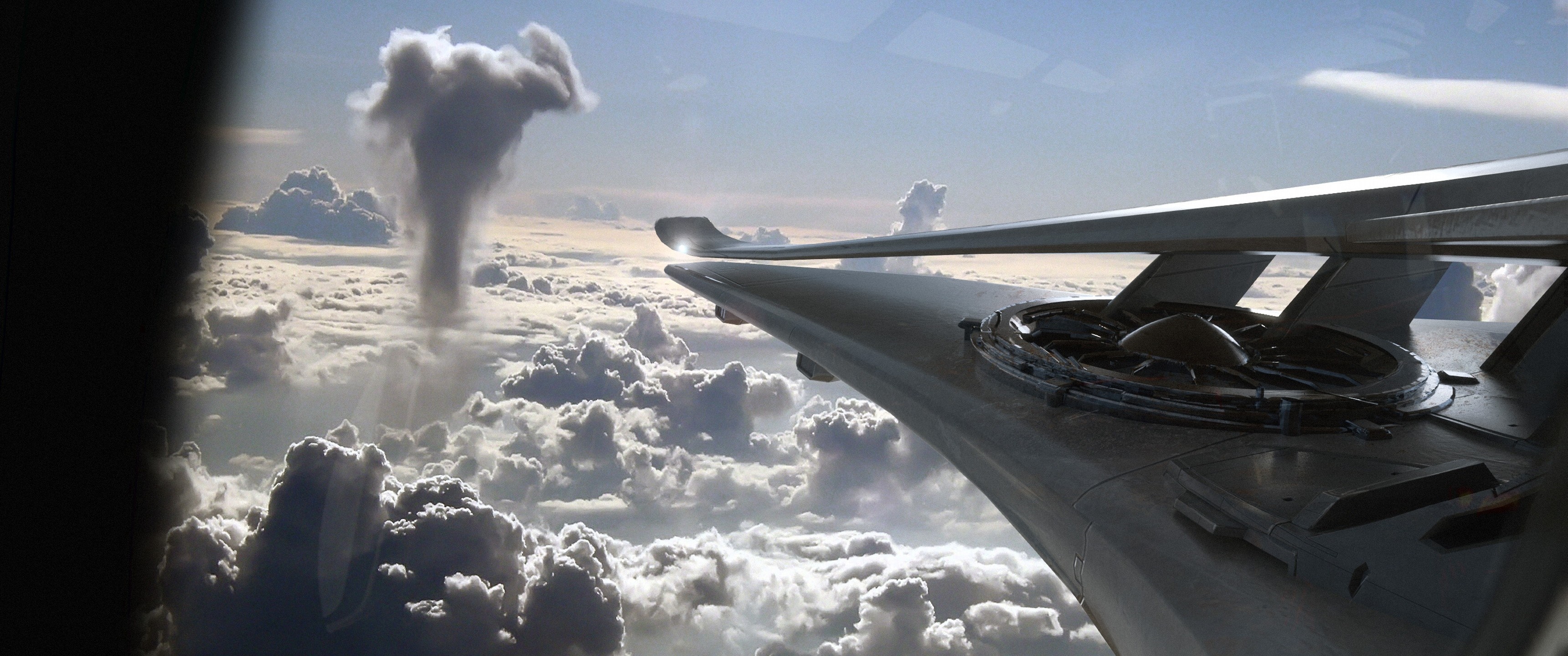 Aircraft flying over clouds with smoke plume HD Wallpaper