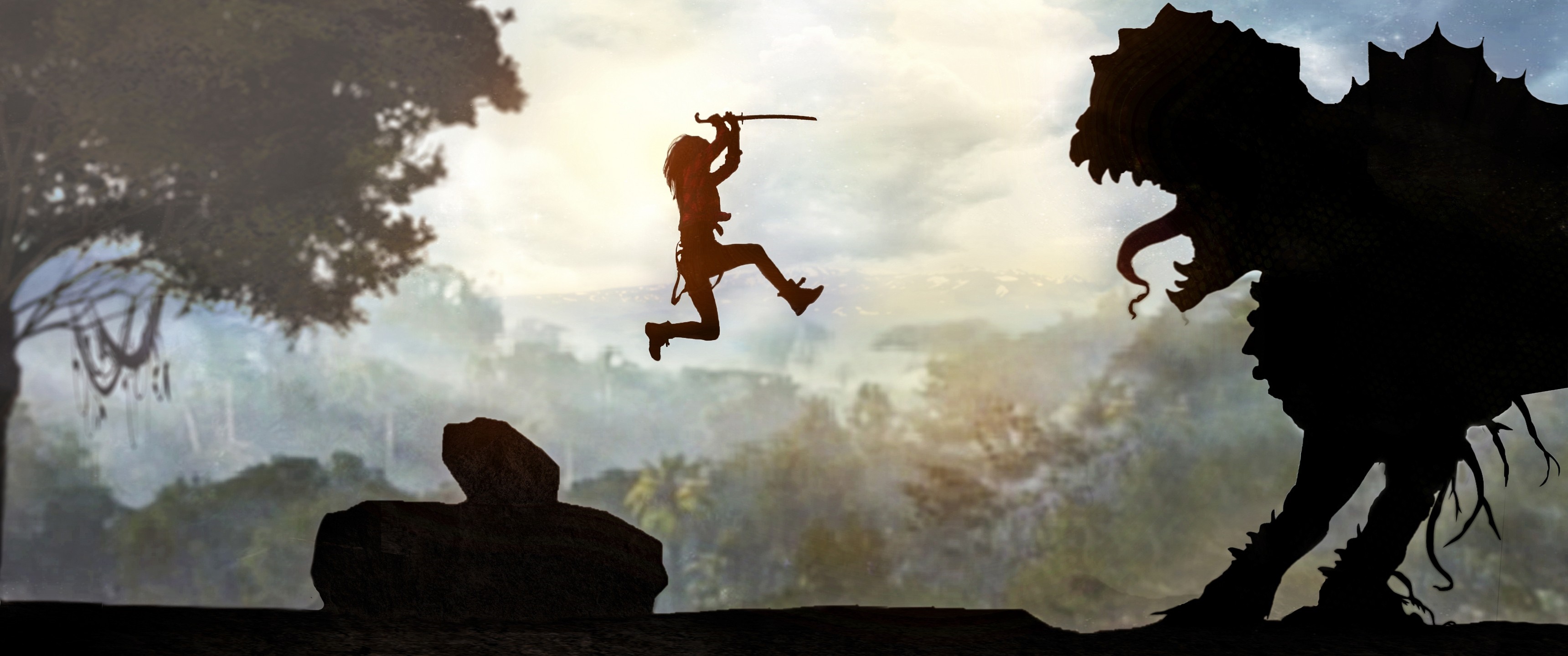 Silhouette of a warrior jumping towards a monster HD Wallpaper