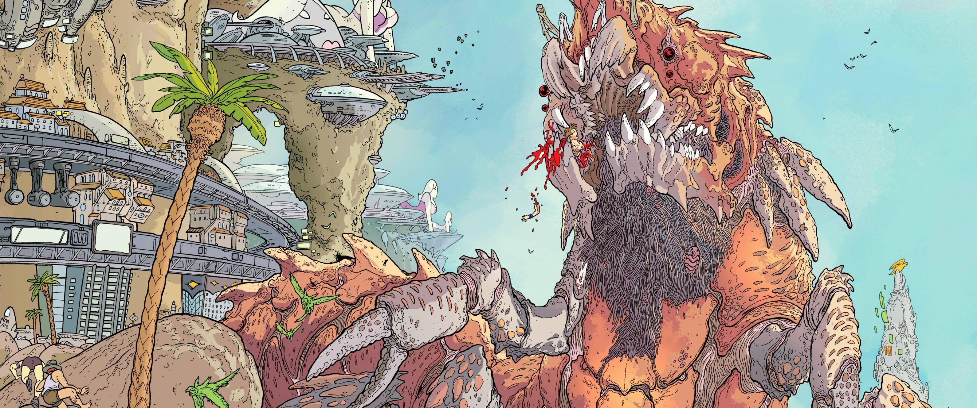 Giant monster attacking a futuristic city HD Wallpaper