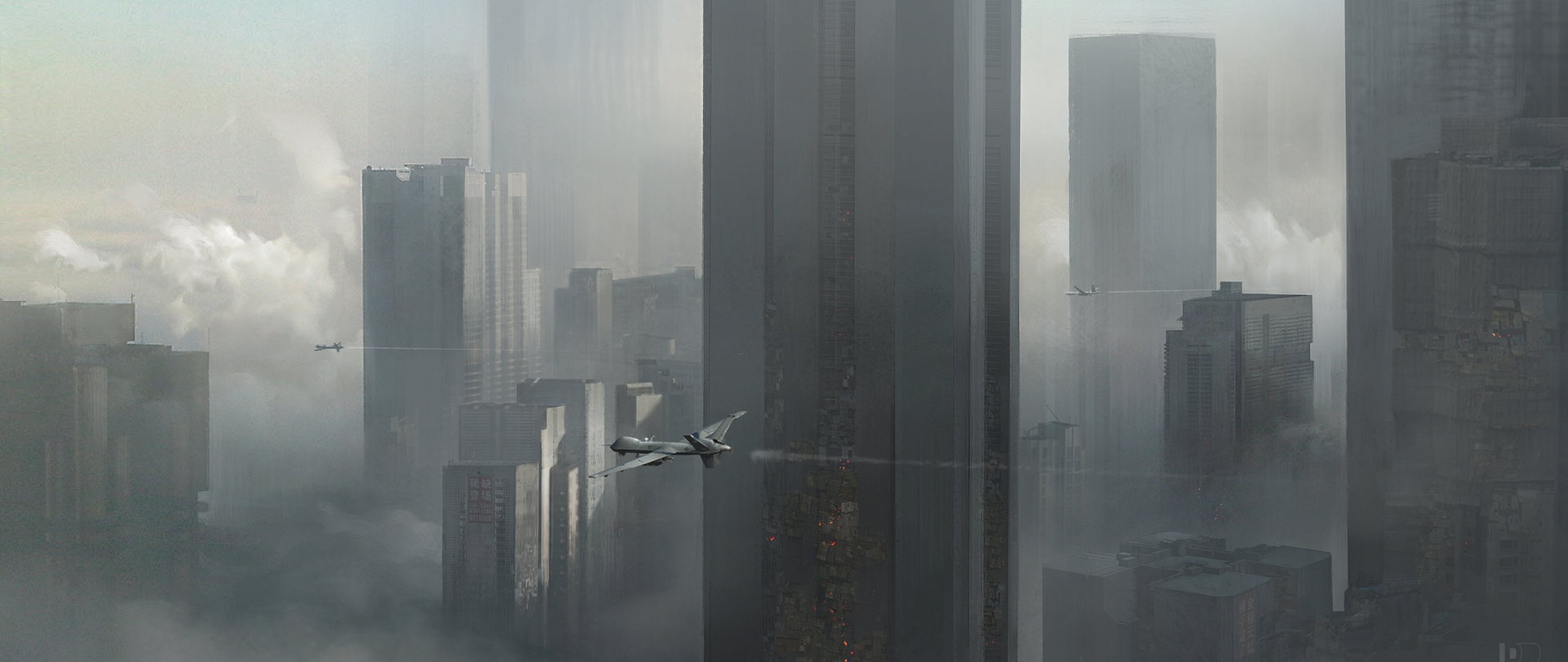Futuristic city with flying vehicles in mist HD Wallpaper