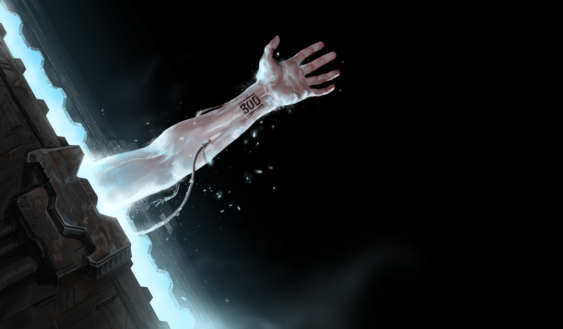 Futuristic artwork of a glowing robotic arm emerging from darkness HD Wallpaper