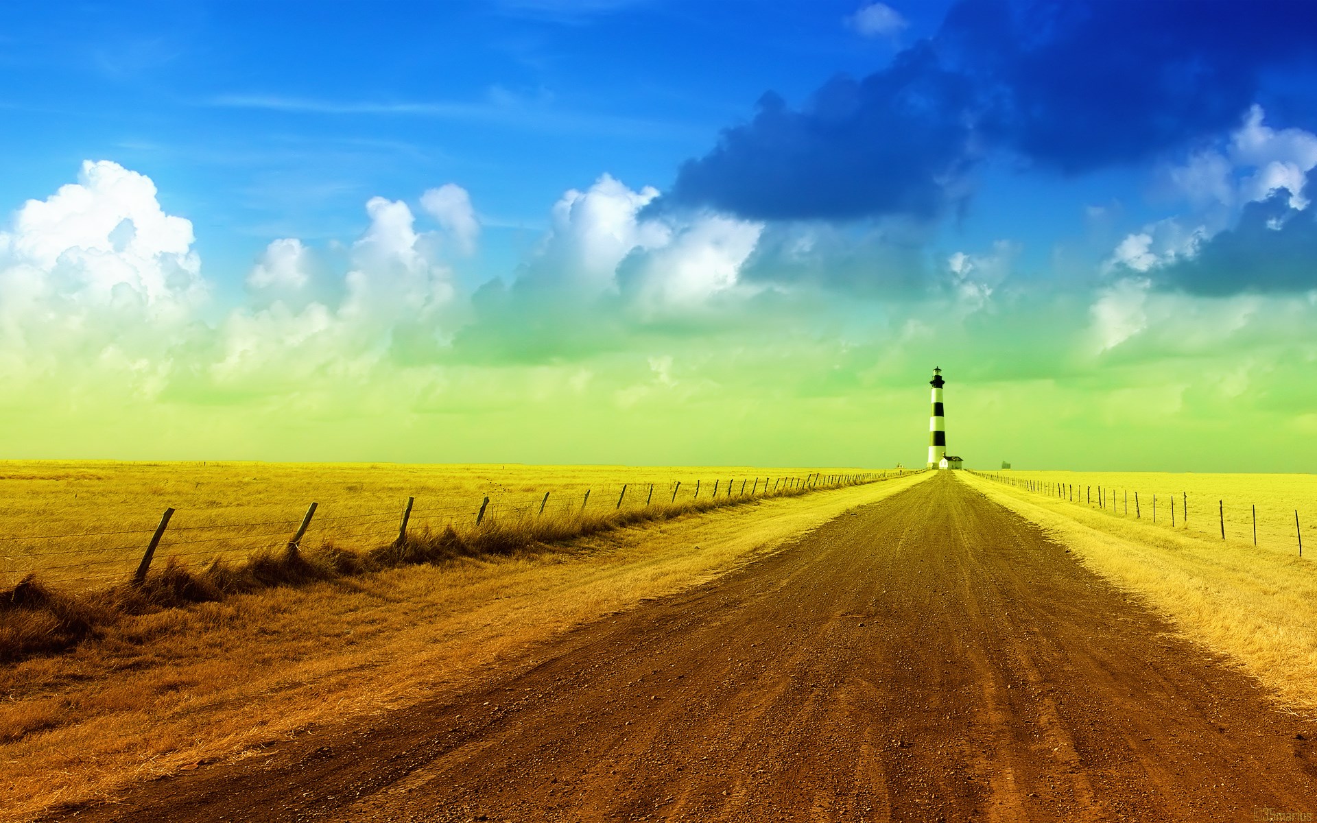 Dirt road leading to a lighthouse in a field HD Wallpaper