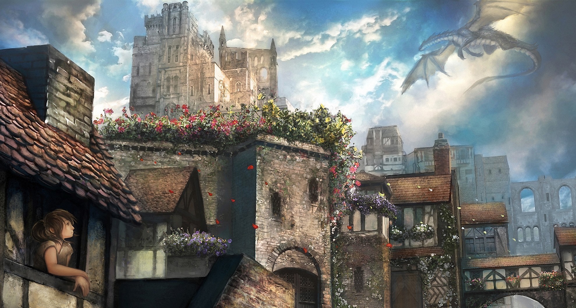 Fantasy cityscape with a dragon flying over a town HD Wallpaper