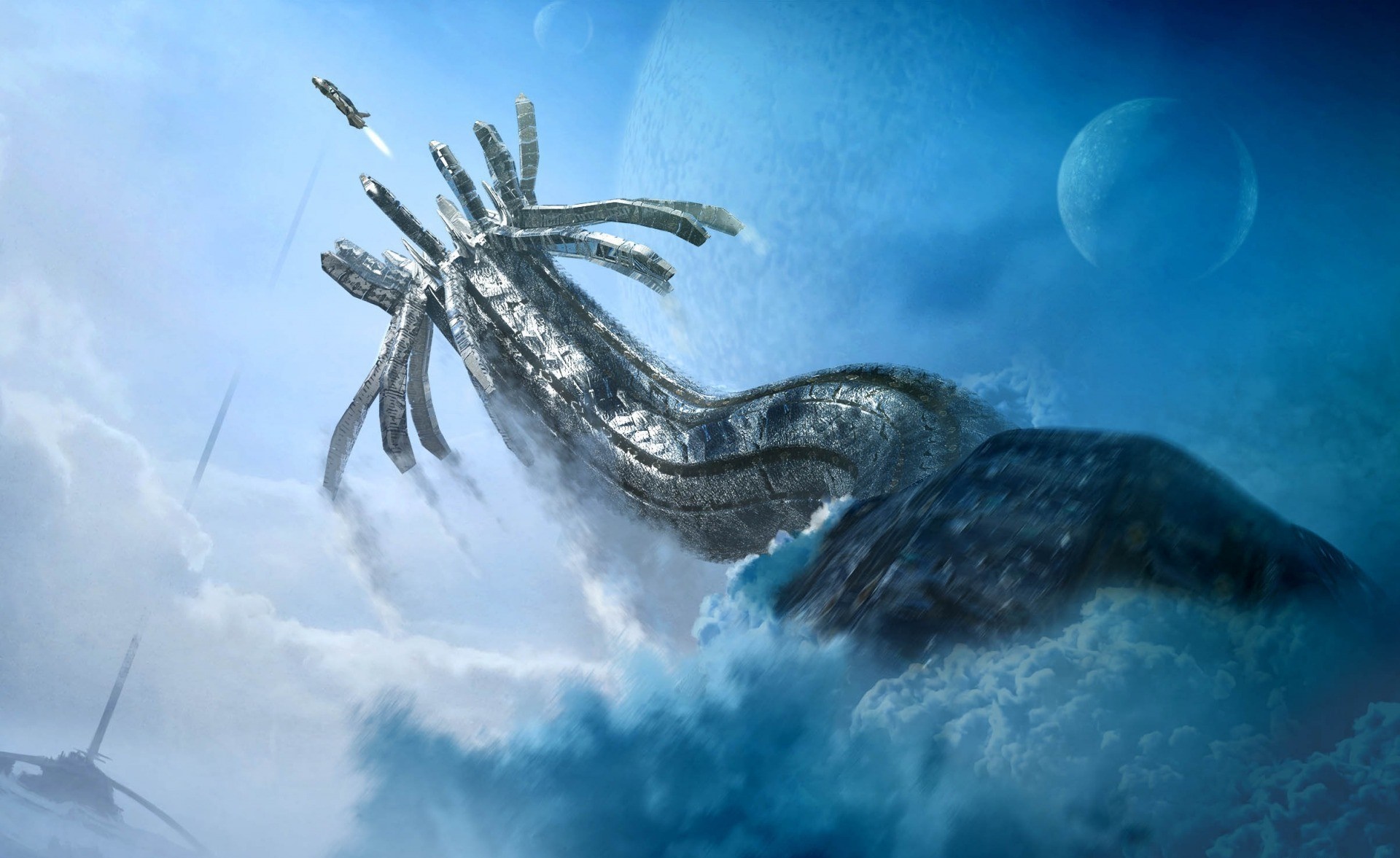 Alien mothership in clouds with moons and spacecraft HD Wallpaper