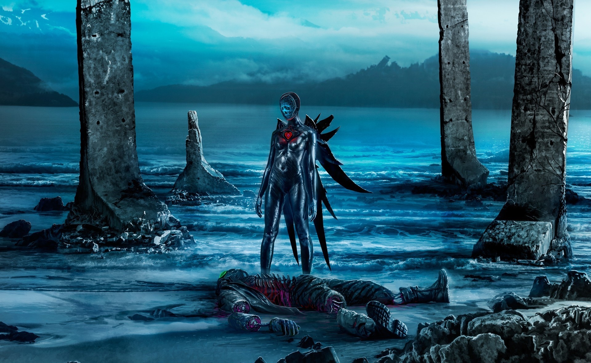 Fantasy art of a winged figure over a fallen warrior HD Wallpaper