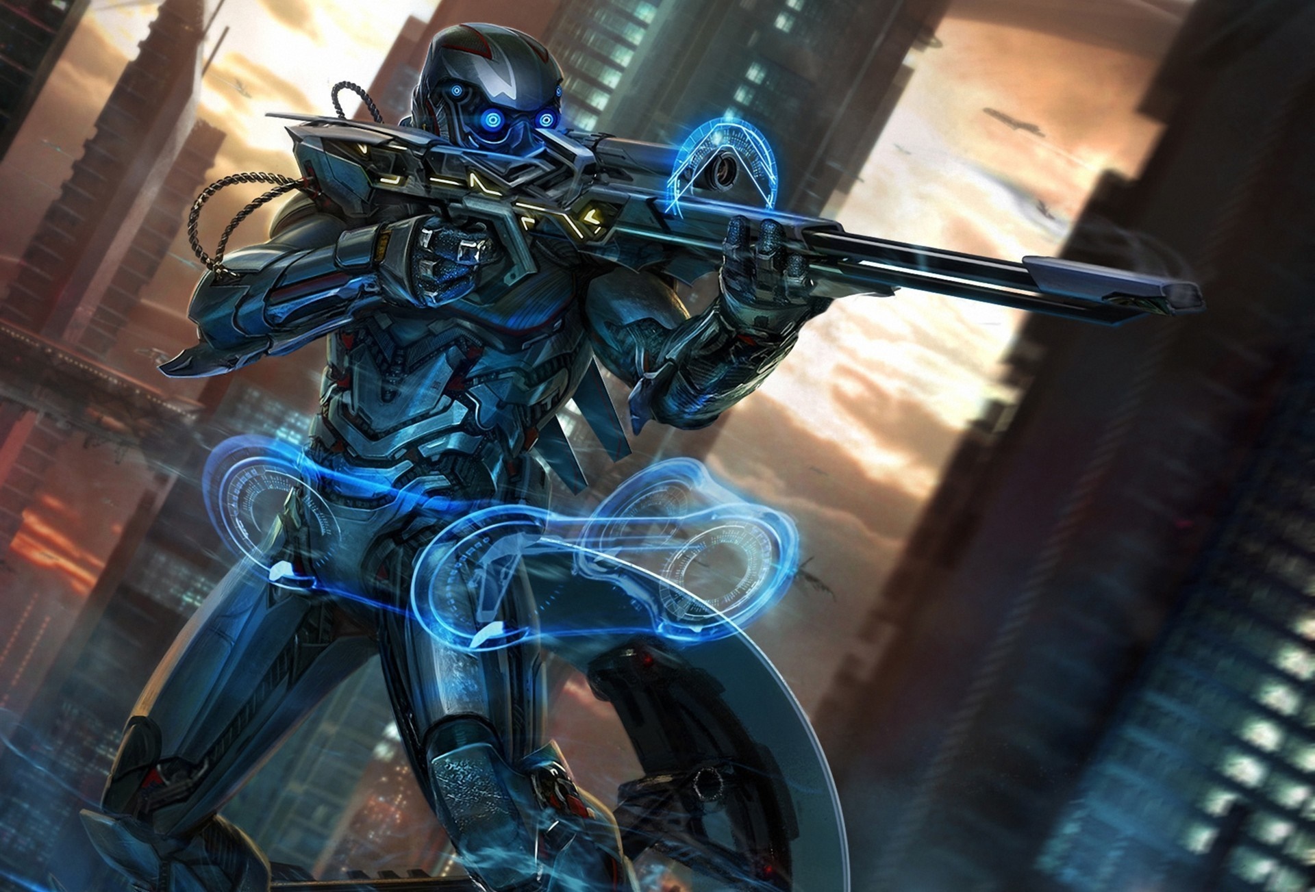 Futuristic robot with a rifle in a city HD Wallpaper