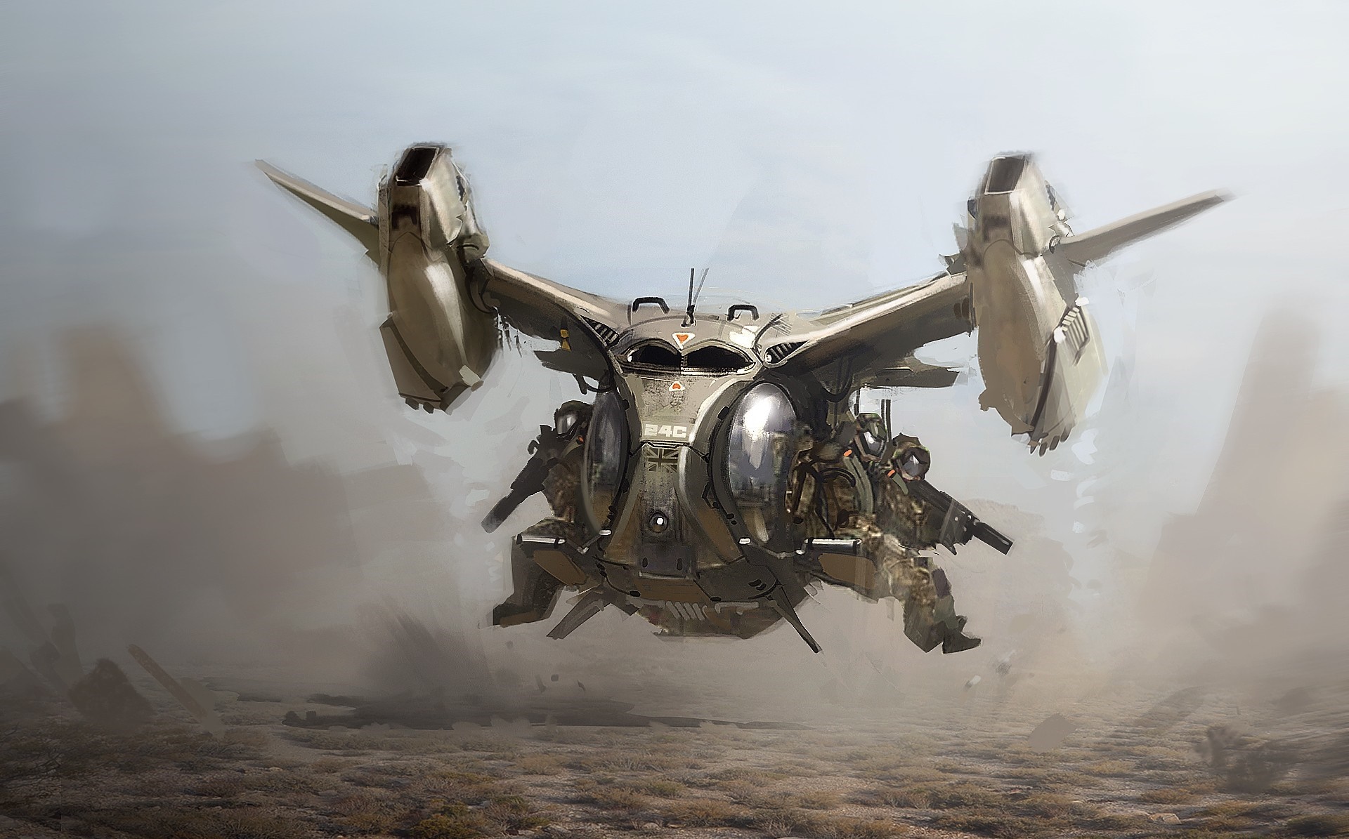 Futuristic military aircraft with soldiers HD Wallpaper